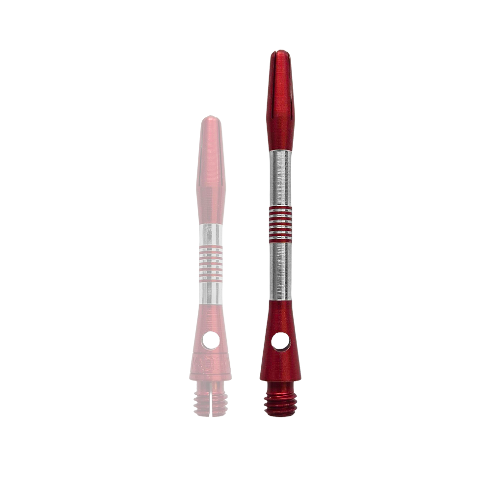 Dargestellt sind rote Aluminium Shafts mit einer Länge von 48 mm. Das Produkt ist vermutlich ein Bestandteil von Dartzubehör.