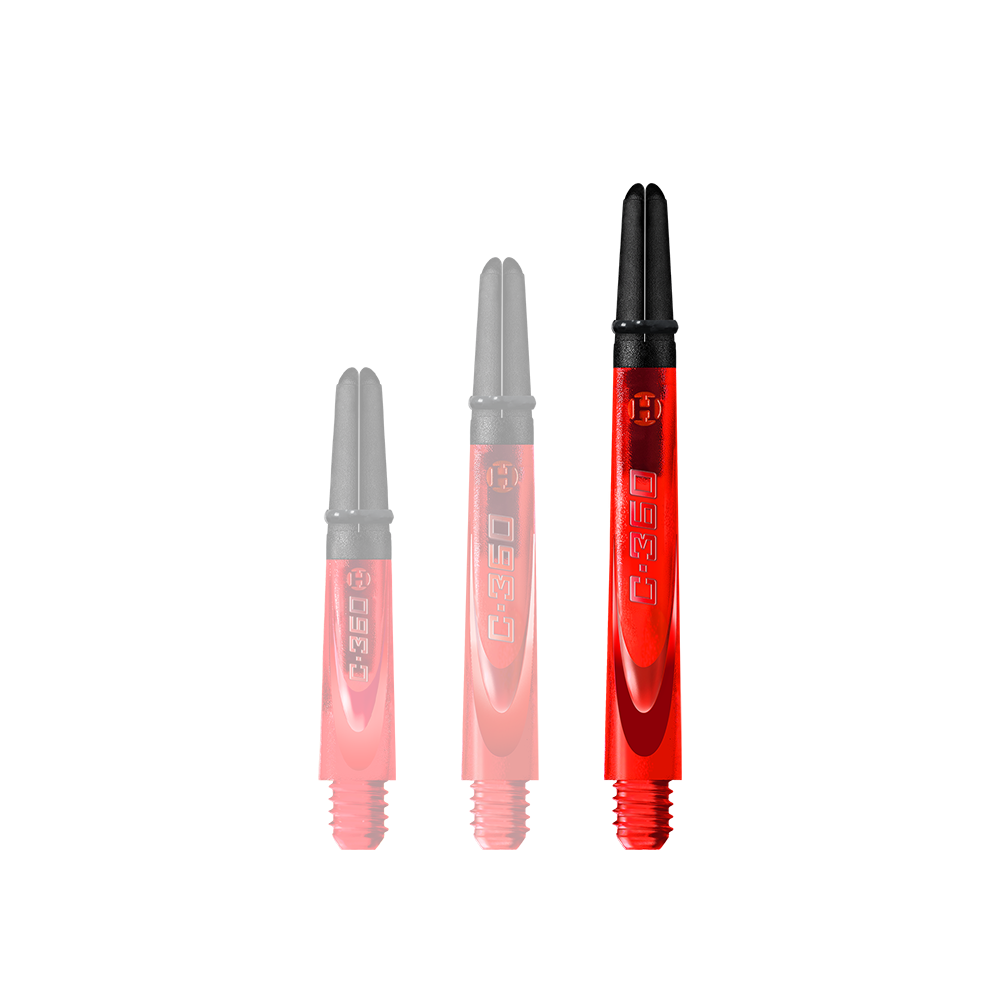 HR457_Harrows_Carbon_360_Shafts_Rot_49mm_1 Auf dem Bild sind drei rote Dartschäfte in unterschiedlichen Längen zu sehen. Sie haben schwarze Enden und die Aufschrift "C-360" auf der Seite.