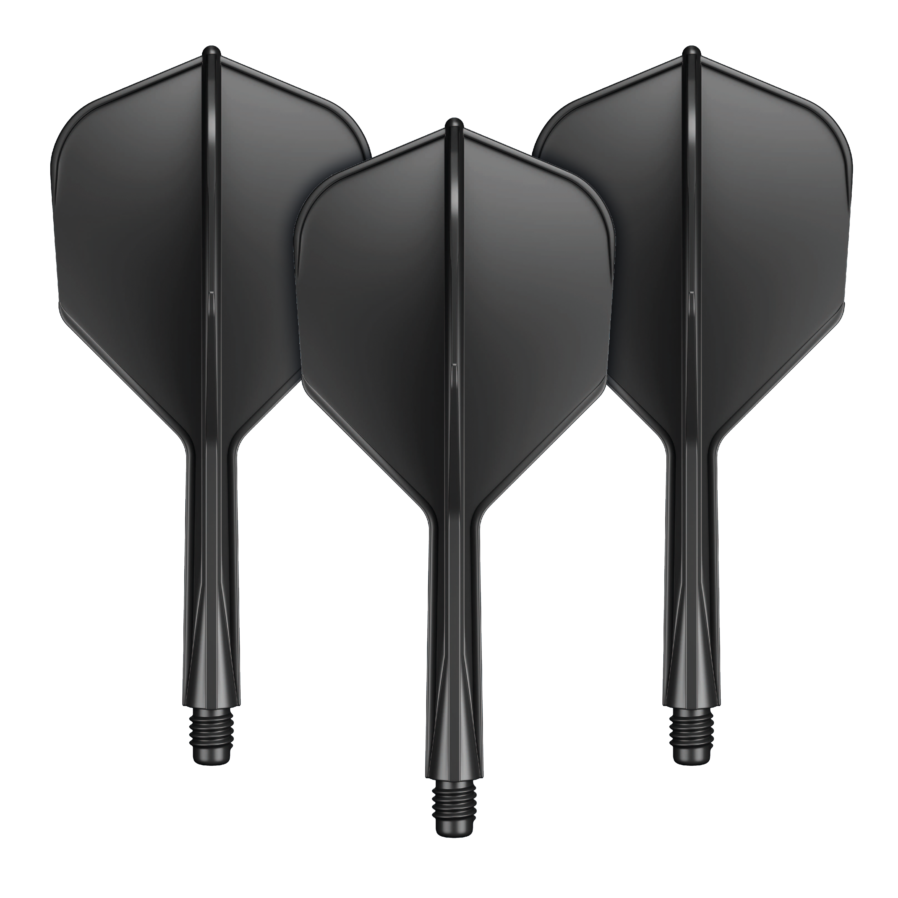 GOAT A1R No6 Flight-Shaft-System - Schwarz Das Bild zeigt drei schwarze Dartflights mit integriertem Schaft. Sie stehen nebeneinander und sind identisch in Form und Farbe.