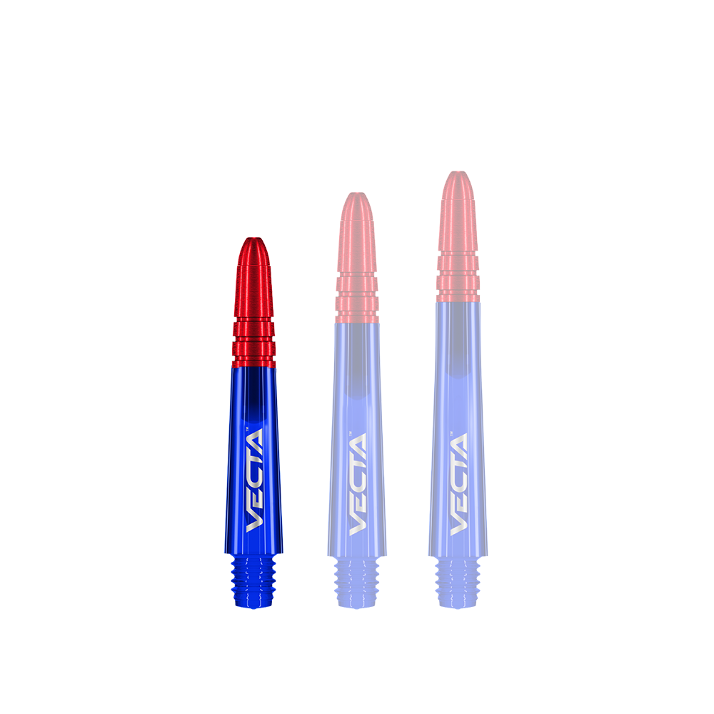 Das Bild zeigt drei Dartschäfte in den Farben Blau und Rot mit der Aufschrift "VECTA". Sie sind in unterschiedlichen Längen angeordnet und stehen nebeneinander.