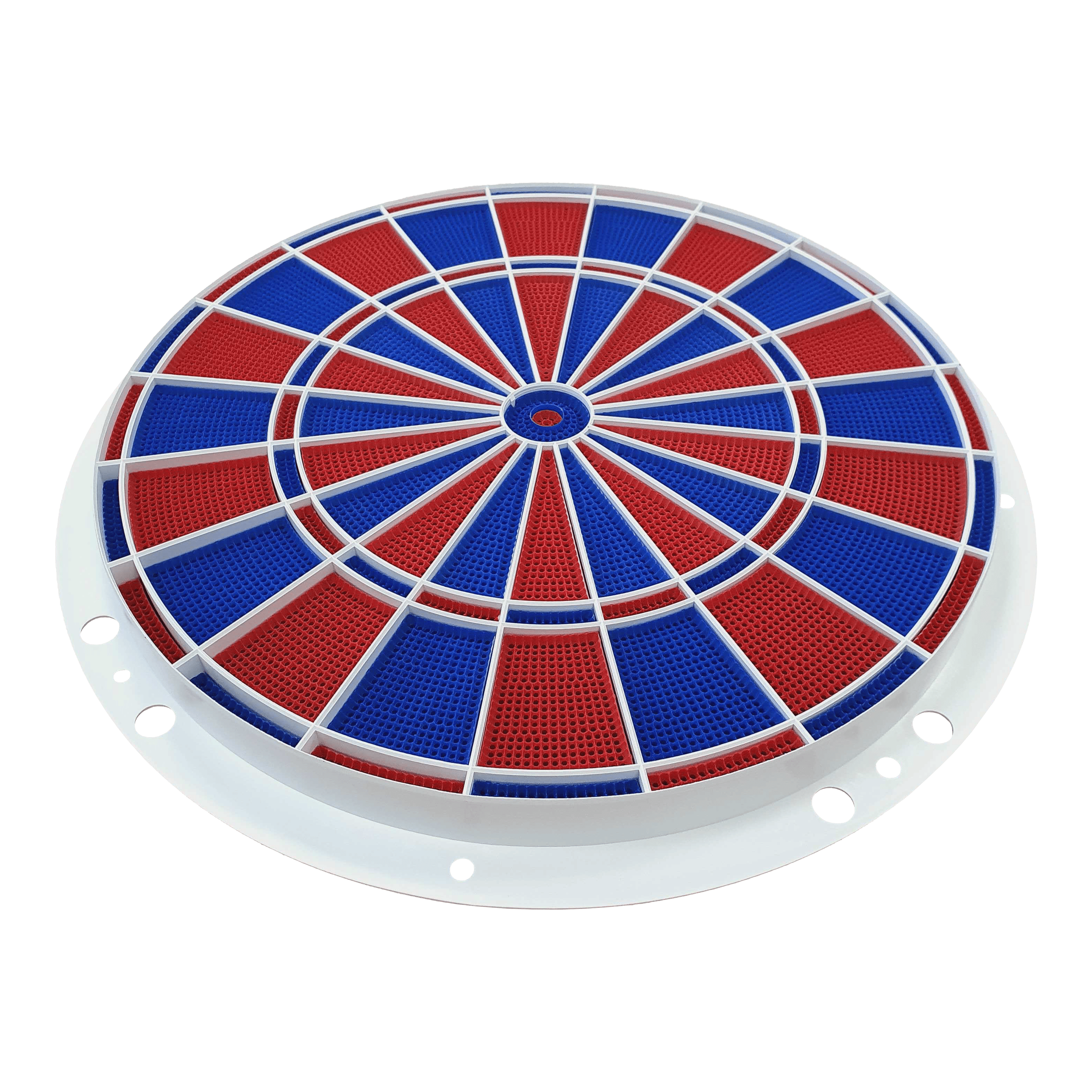 Löwen Dart Ersatzteile 82er Segment- und Spider Set Das Bild zeigt ein rundes Dart-Segment- und Spider-Set in den Farben Blau und Rot. Es handelt sich um ein Ersatzteil für elektronische Dartscheiben, Modell Löwen Dart 82er.