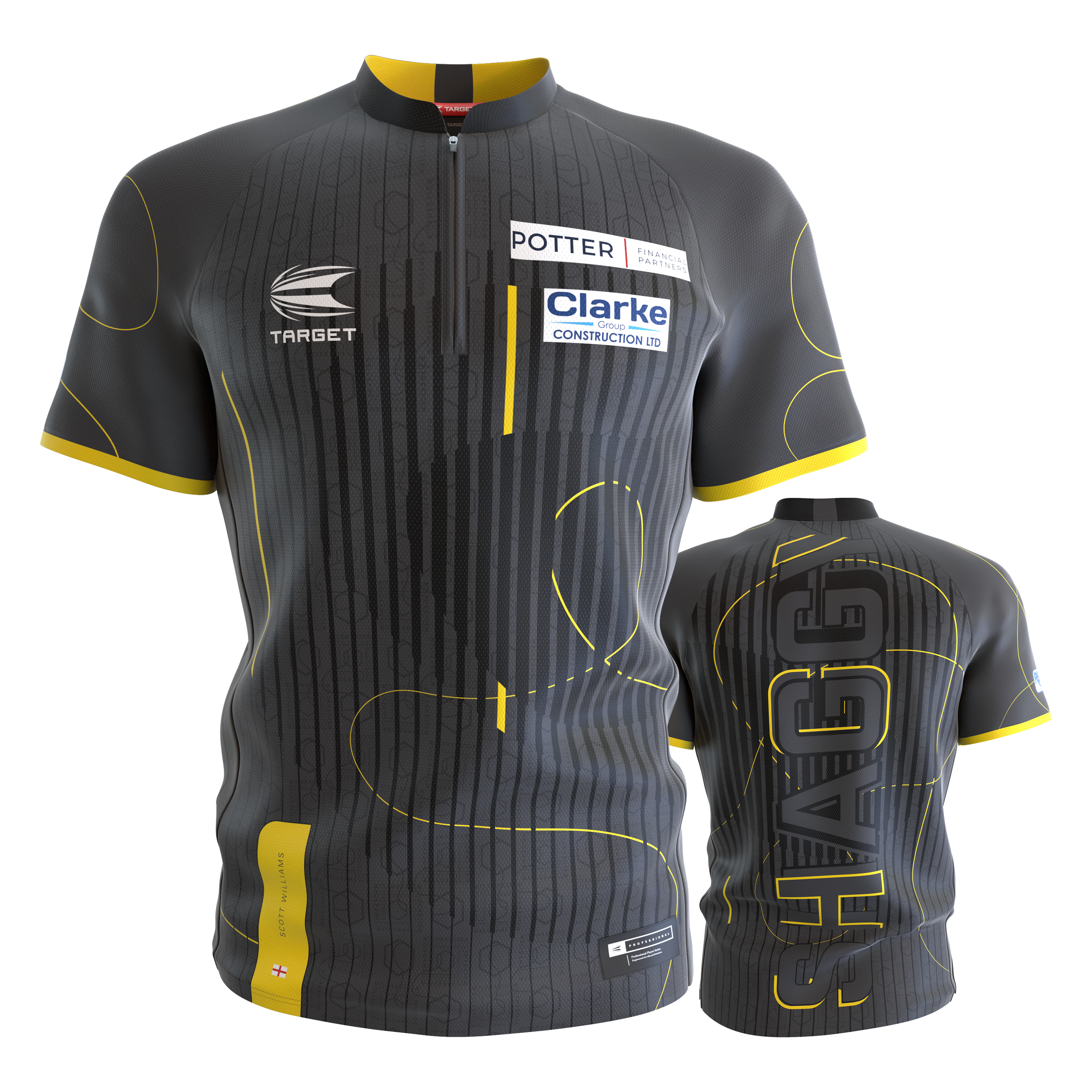 Target Coolplay Collarless Scott Williams Dartshirt Das Bild zeigt das Target Coolplay Collarless Scott Williams Dartshirt in Grau mit gelben Akzenten. Auf der Vorderseite sind Sponsorenlogos zu sehen und auf der Rückseite steht groß "SHAGGY".
