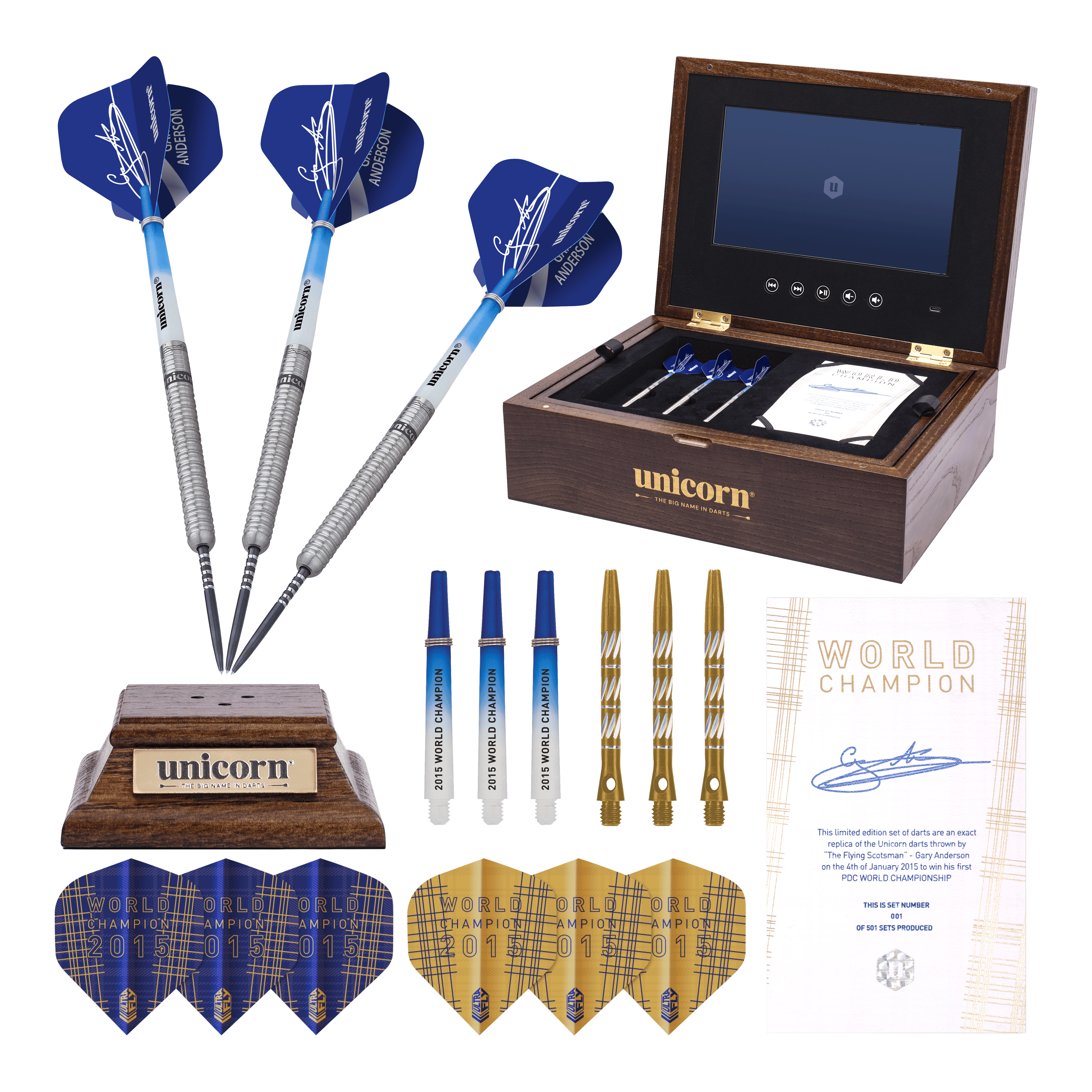 Das Bild zeigt das Unicorn Gary Anderson 10 Year Commemoration Limited Edition Set für Steeldarts mit 23g. Im Set sind drei Darts, Ersatzteile, ein Echtheitszertifikat und eine hochwertige Aufbewahrungsbox enthalten.
