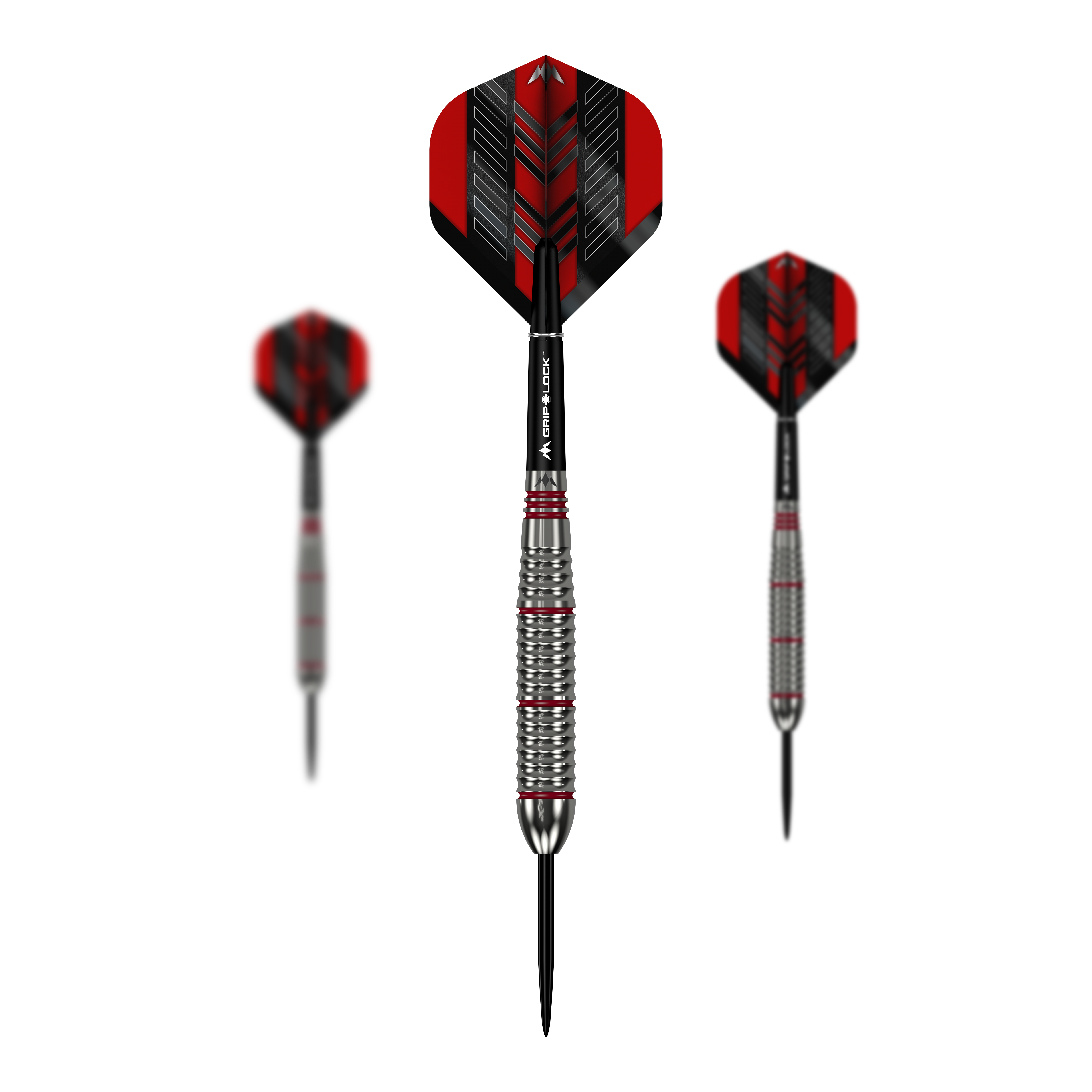 Mission Rogue Brass Steeldarts - 22g Das Bild zeigt drei Mission Rogue Brass Steeldarts mit einem Gewicht von 22g. Die Darts haben rote und schwarze Flights sowie silberne, gerillte Barrels.