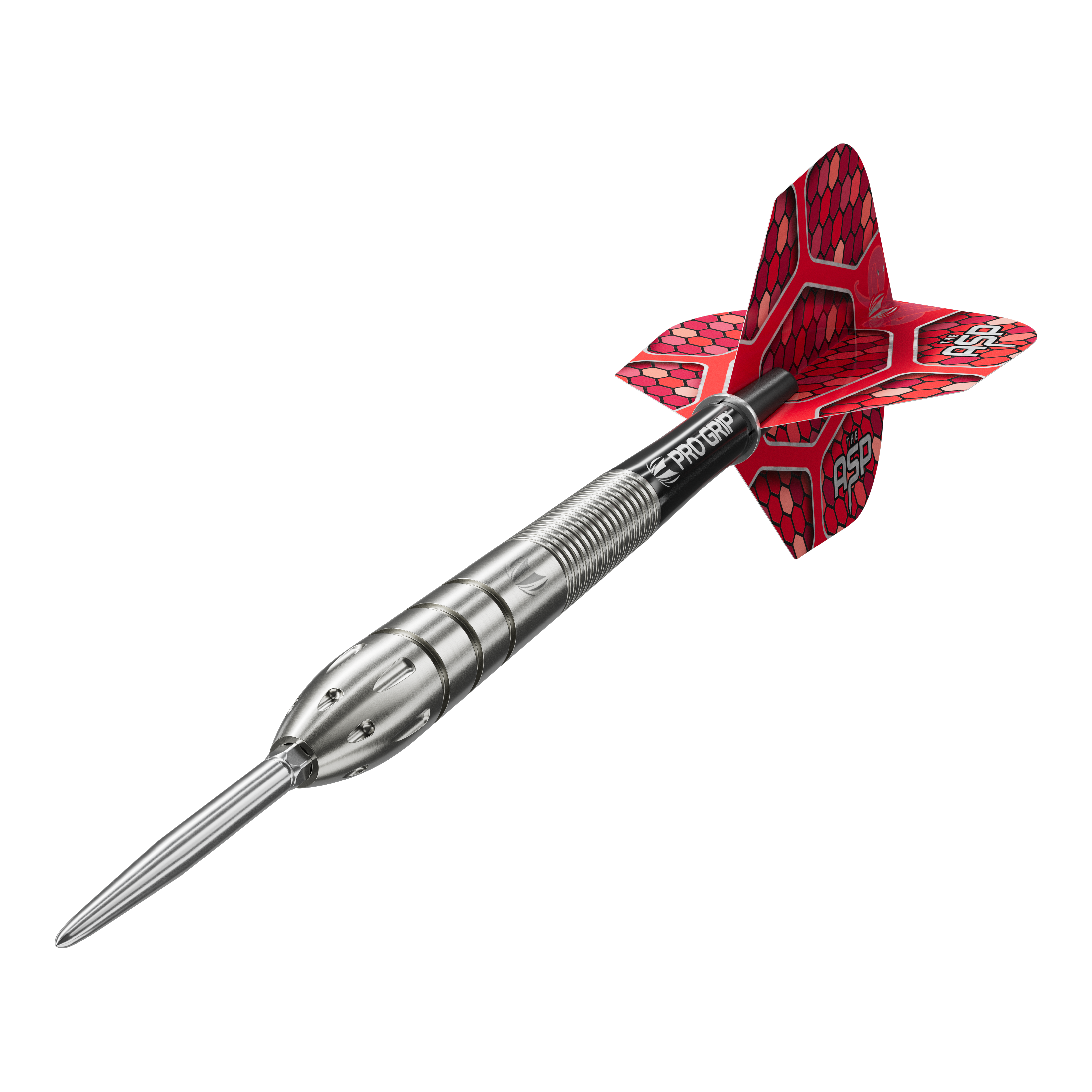 Target Nathan Aspinall GEN1 Swiss Point Steeldarts Auf dem Bild ist ein Target Nathan Aspinall GEN1 Swiss Point Steeldart zu sehen. Der Dartpfeil hat einen silbernen Schaft und rote Flights mit Wabenmuster.