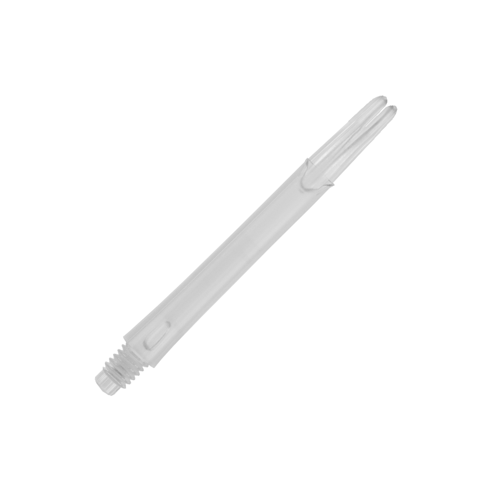 L-Style L-Shafts Locked Straight - Clear 330 Auf dem Bild ist ein transparenter, gerader Dart-Schaft zu sehen. Der Schaft hat ein Gewinde an einem Ende und ist 46 mm lang.