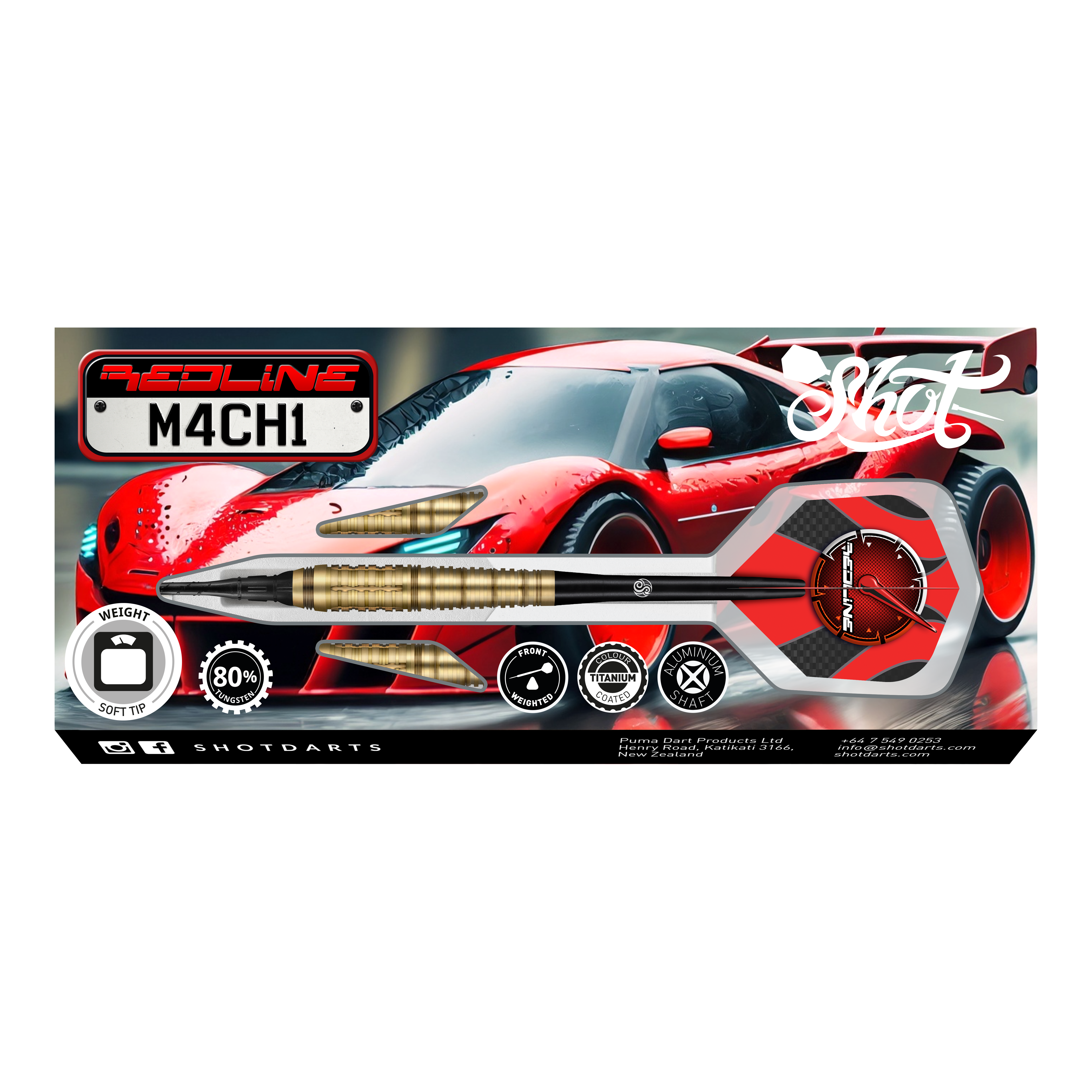 Shot Redline Mach 1 Softdarts - 20g Das Bild zeigt die Verpackung der "Shot Redline Mach 1 Softdarts - 20g". Auf der Packung ist ein roter Sportwagen zusammen mit einem abgebildeten Softdart-Pfeil zu sehen.