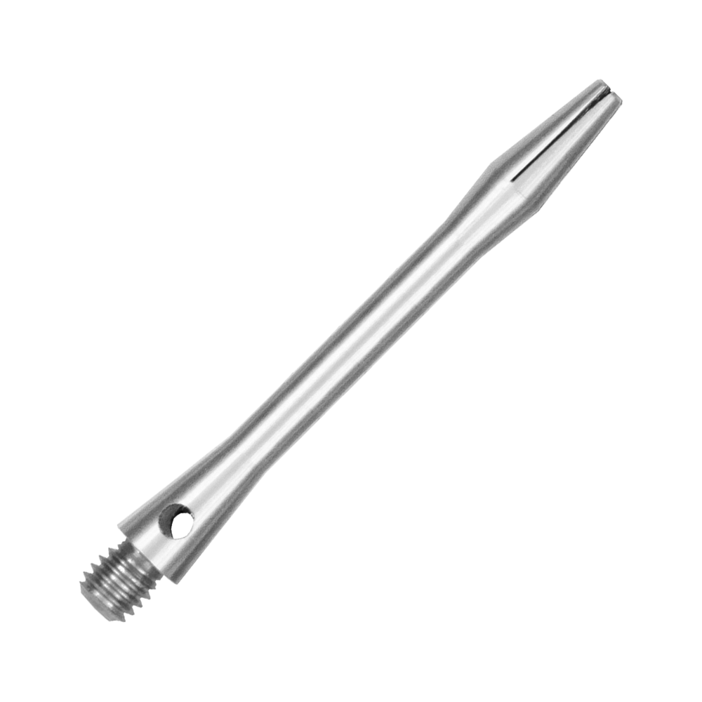 519_Aluminium_Shafts_Silber_46mm_2 Das Bild zeigt einen Aluminium-Schaft in silberner Farbe. Der Schaft hat ein Gewinde an einem Ende und ist schlank und glatt verarbeitet.
