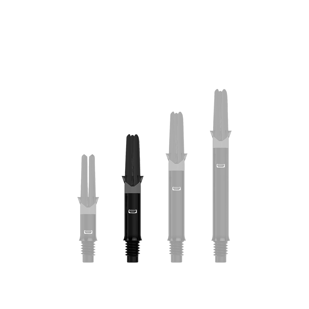 L-Style L-Shafts Silent Straight - Schwarz 190 Auf dem Bild sind drei schwarze, gerade Dartshafts ohne Kappen in unterschiedlicher Länge zu sehen. Sie stehen nebeneinander aufgereiht vor transparentem Hintergrund.