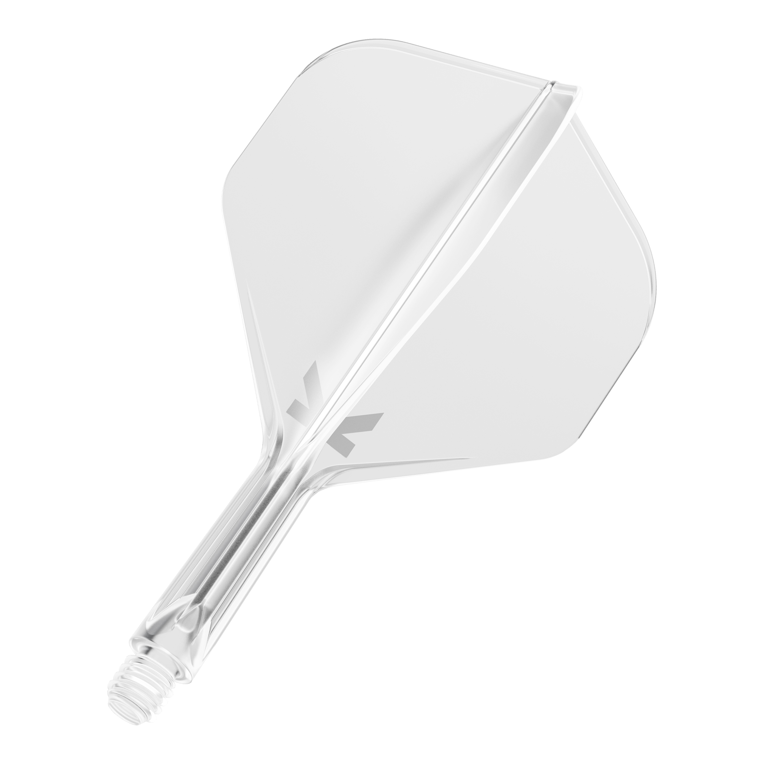 Target K-Flex No2 Standard Flight-System - Clear Das Bild zeigt einen durchsichtigen Dartflug mit integriertem Schaft. Das Design ist schlicht und klar, mit einem kleinen grauen Logo am Schaftansatz.