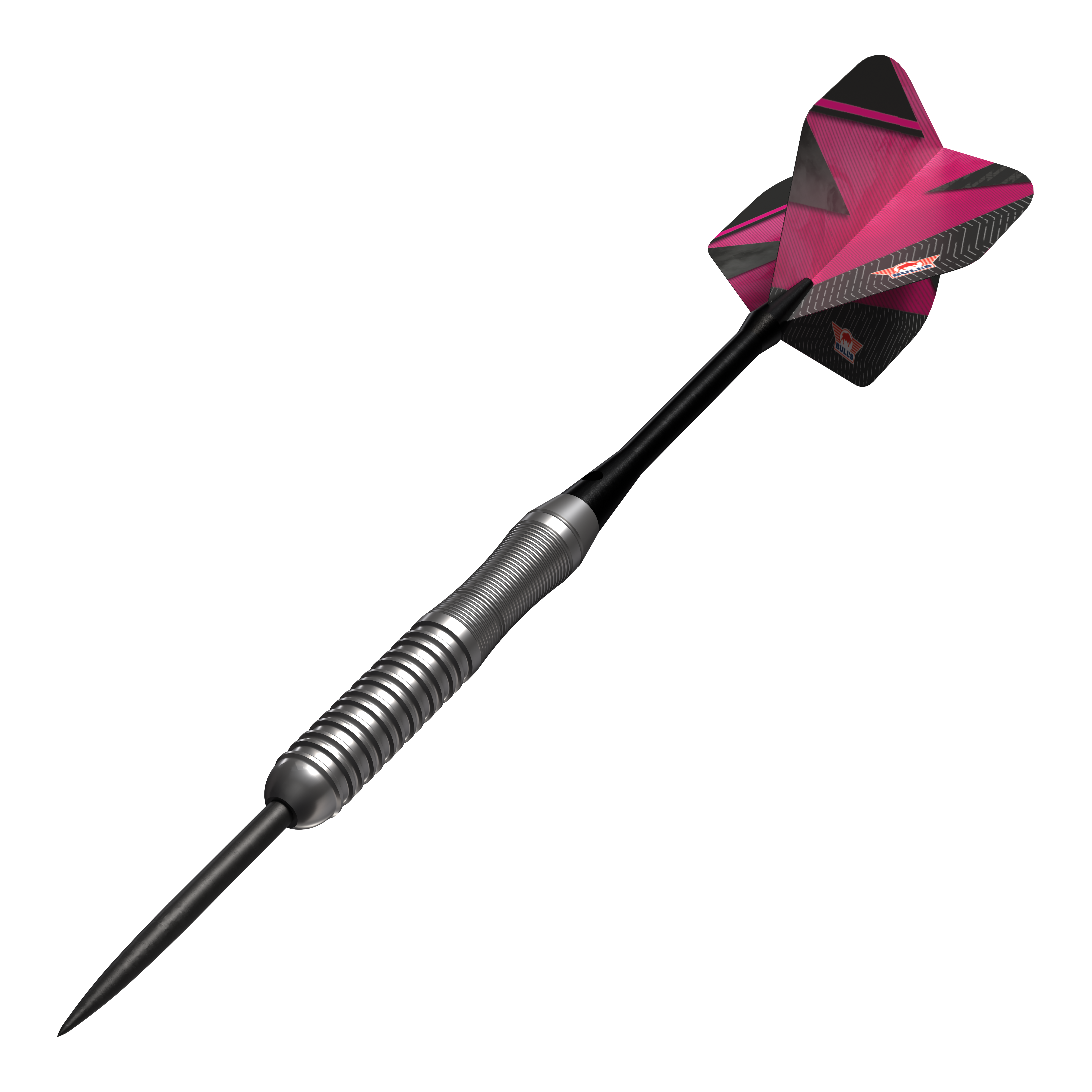 Bulls NL Lightning Pink Steeldarts Das Bild zeigt einen Steeldartpfeil mit silbernem Griff und einer pink-schwarzen Flights. Es handelt sich um das Produkt "Bulls NL Lightning Pink Steeldarts".