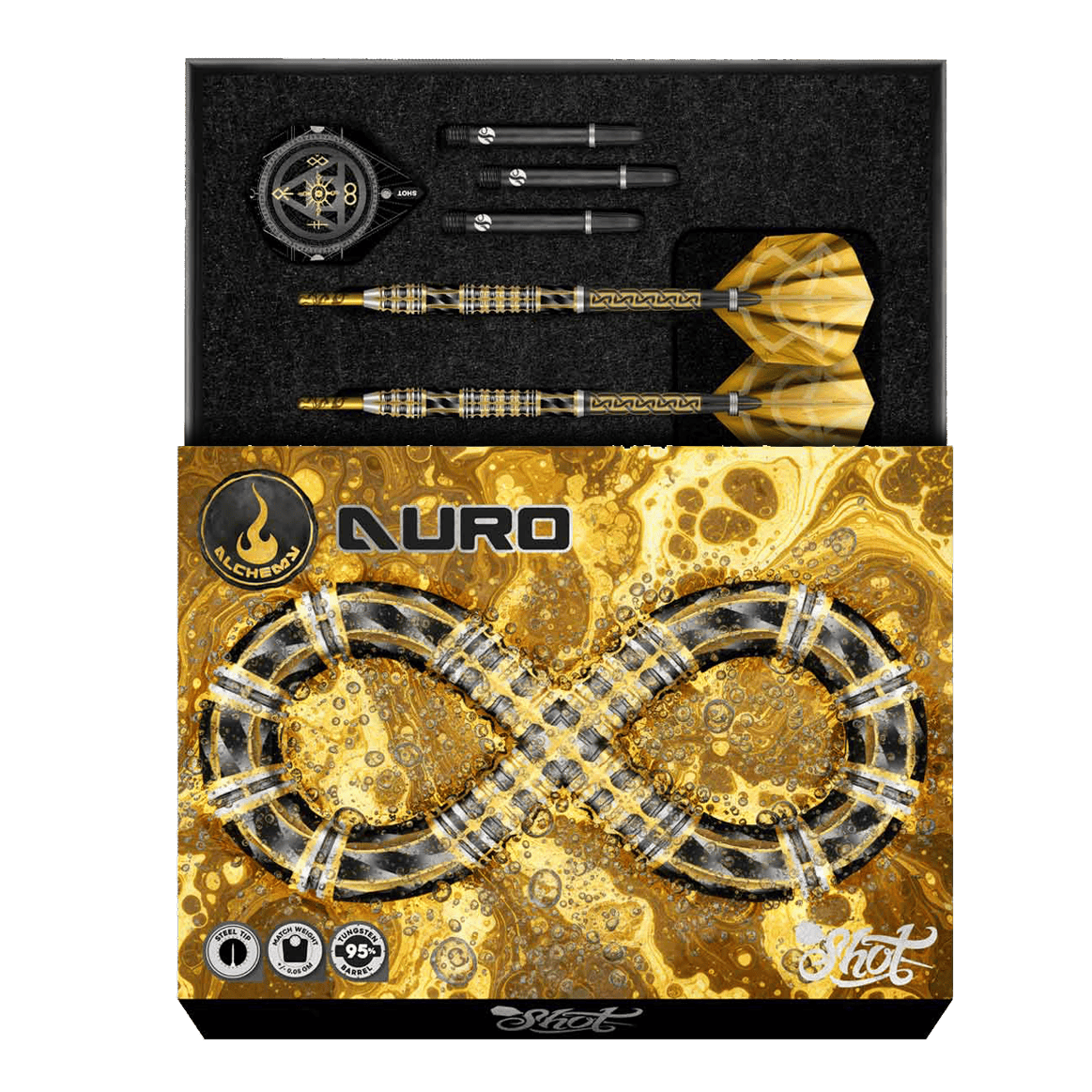 Hier sieht man die Shot Alchemy Auro Steeldarts. Die Steeldarts werden detailliert und aus einer besonderen Perspektive dargestellt.