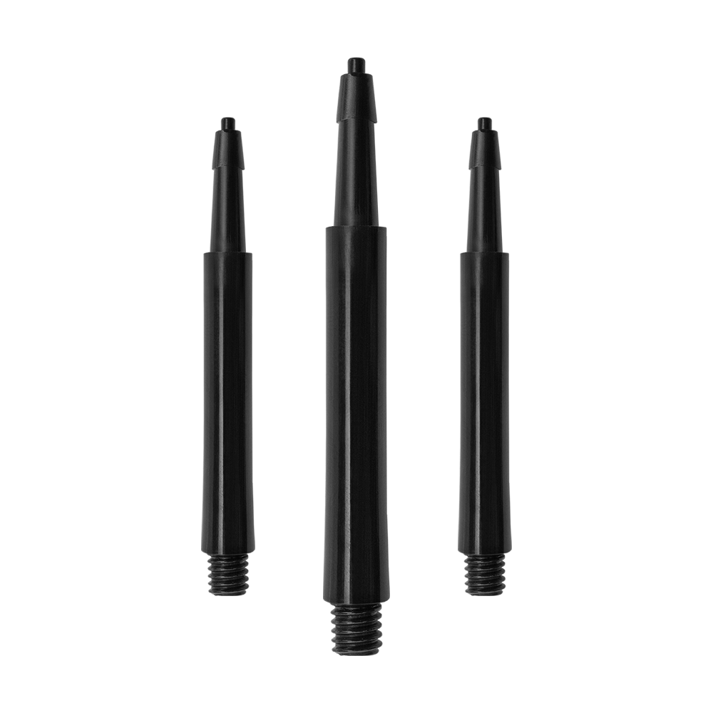 Das Bild zeigt drei schwarze Harrows Clic Standard Shafts. Diese Schäfte sind für den Einsatz bei Darts bestimmt.