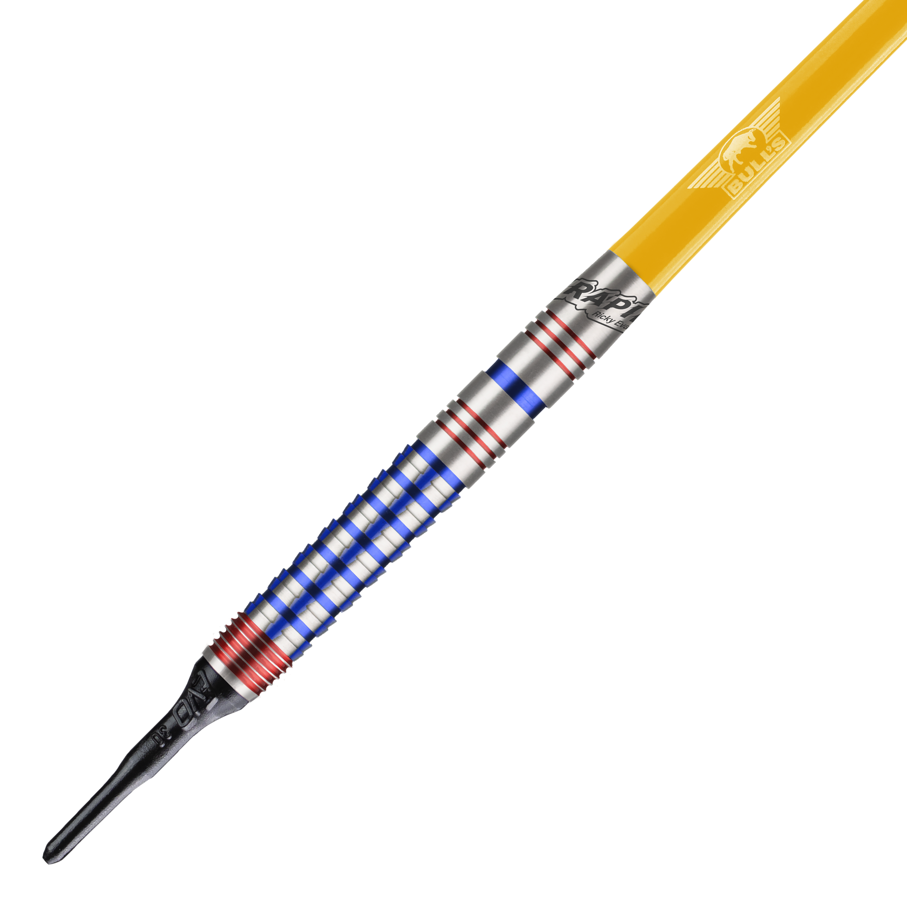 Bulls NL Ricky Evans Rapid Edition One Softdarts - 20g Dies ist ein Softdart aus der Serie "Bulls NL Ricky Evans Rapid Edition One" mit einem Gewicht von 20g. Der Dart hat einen silbernen Schaft mit blauen und roten Ringen sowie einen gelben Flight.