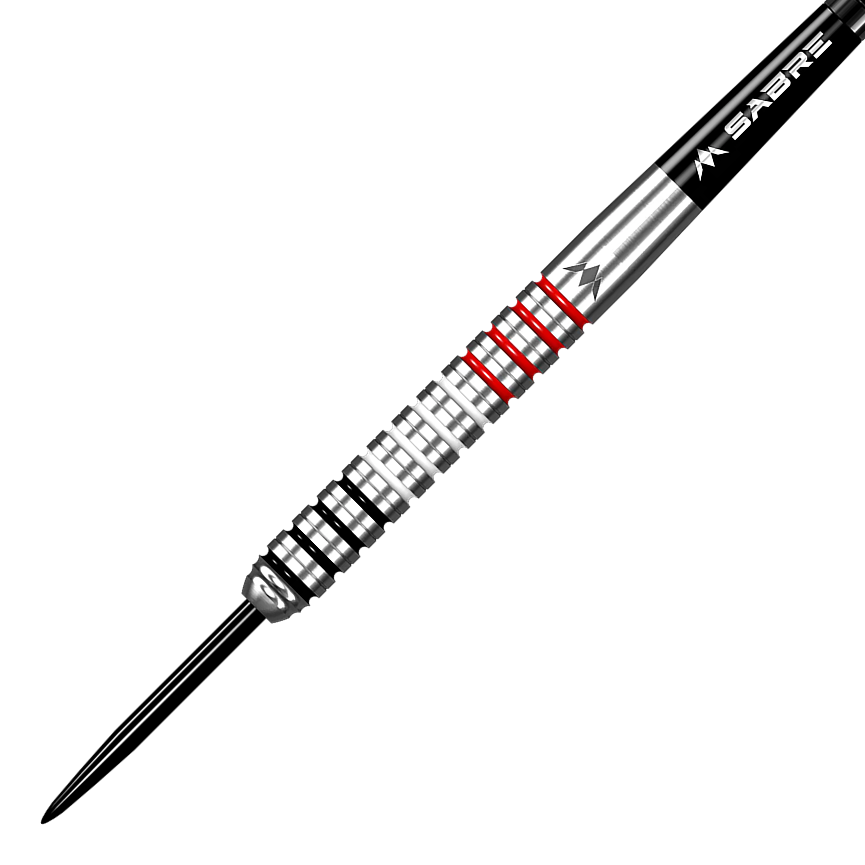 Mission Wessel Nijman Steeldarts - 23g Das Bild zeigt einen Mission Wessel Nijman Steeldart mit einem Gewicht von 23 Gramm. Der Dart hat ein silbernes Barrel mit schwarzen und roten Ringen.