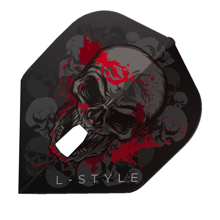 Das Bild zeigt ein schwarzes Dartflight mit einem großen Totenkopf-Design und roten Blutspritzern. Unten steht der Schriftzug "L-STYLE".