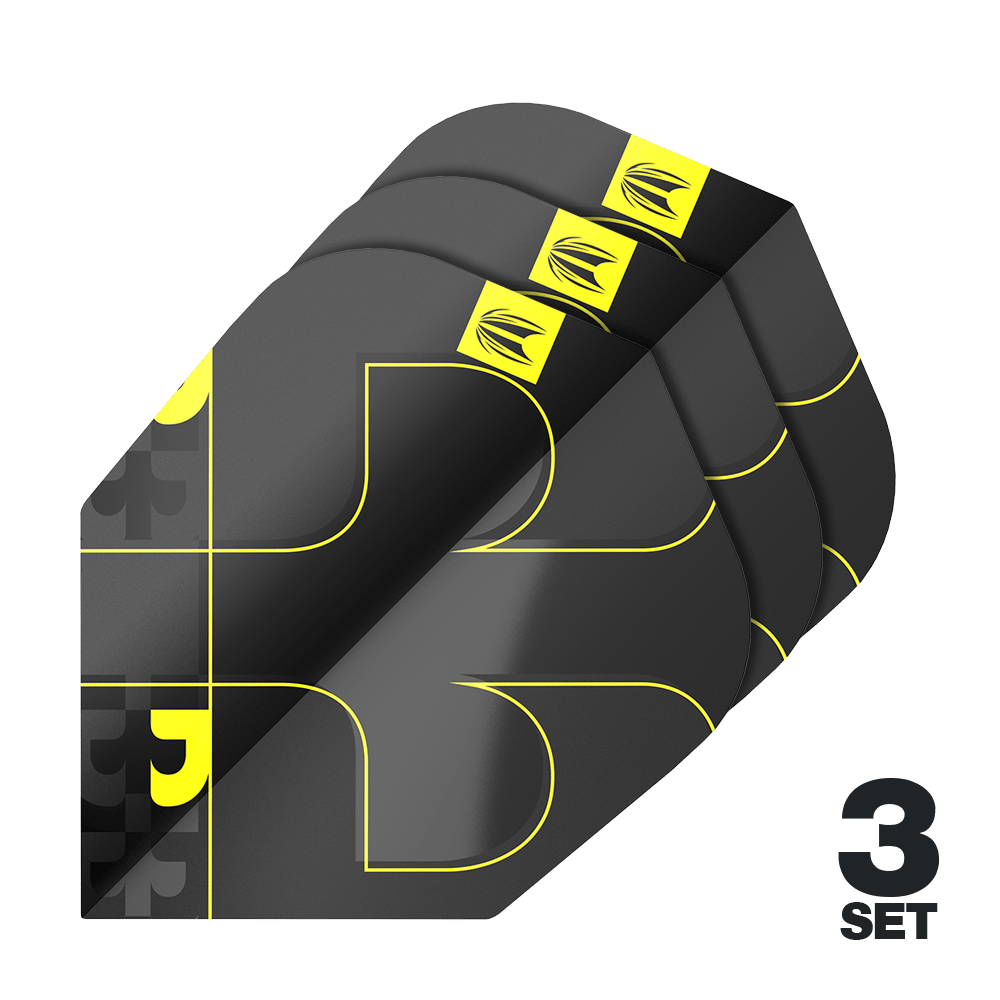 Target ProUltra Bolide Void No6 Flights Das Bild zeigt das Produkt "Target ProUltra Bolide Void No6 Flights" in einer schwarzen und gelben Farbkombination. Es sind drei Sets der Flights abgebildet.