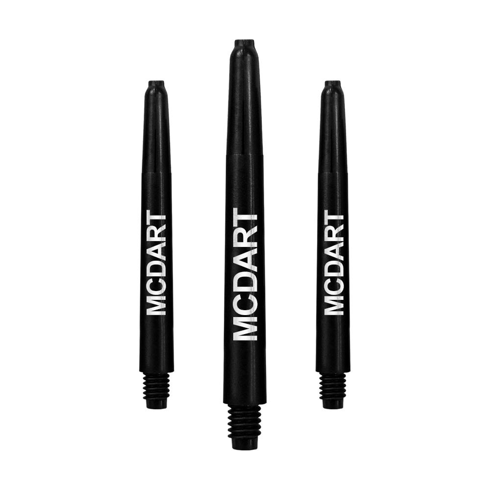 MD-611_Nylon_Shafts_mit_Wunschdruck_Schwarz_48mm_1 Auf dem Bild sind drei schwarze Nylon-Dartschäfte zu sehen. Auf jedem Schaft steht das Wort "MCDART" in weißer Schrift.
