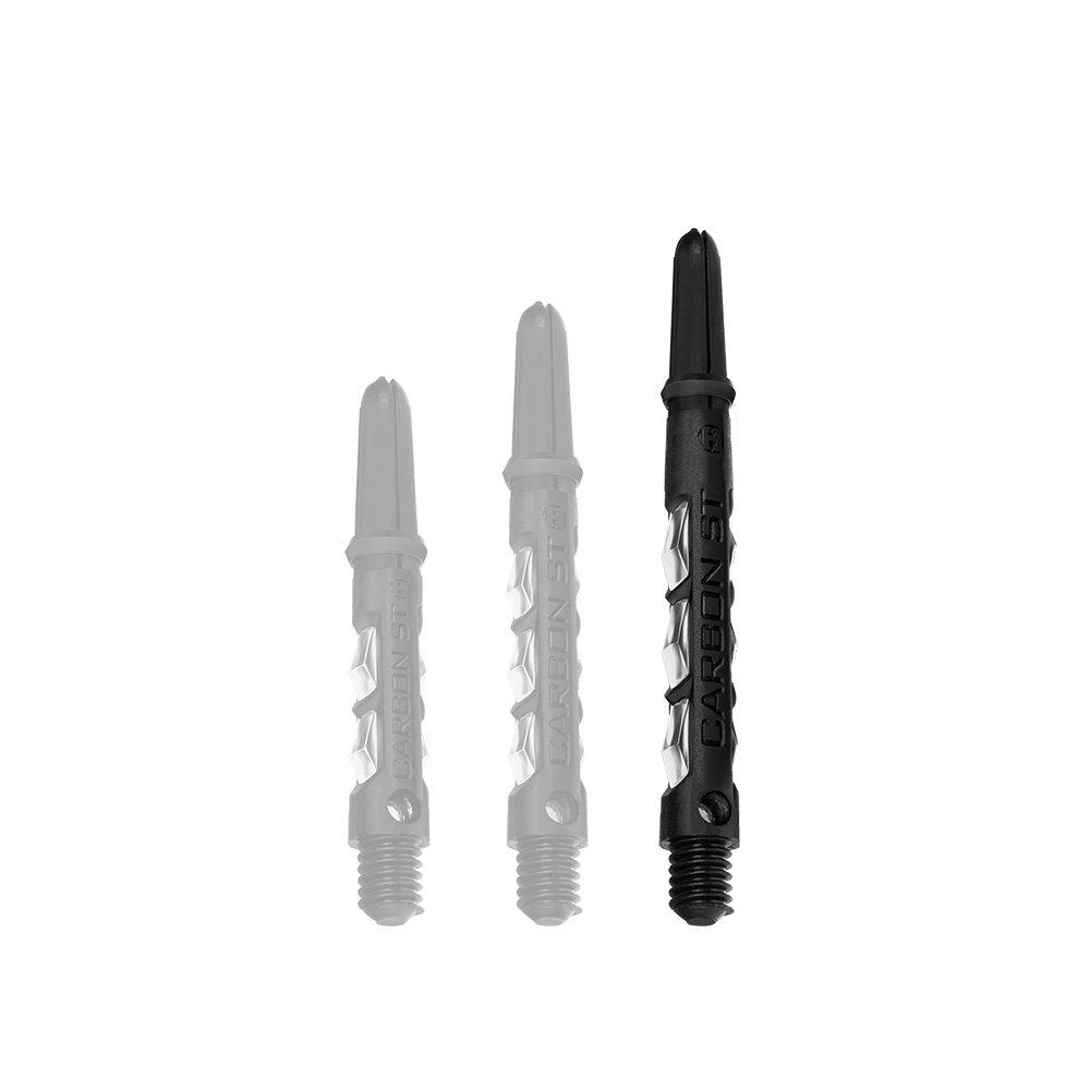 HR418_Harrows_Carbon_ST_Shafts_Clear_47mm_1 Das Bild zeigt drei Harrows Carbon ST Shafts in klarer Ausführung. Sie sind in verschiedenen Längen abgebildet und bestehen aus schwarzem Material mit durchsichtigem Mittelteil.
