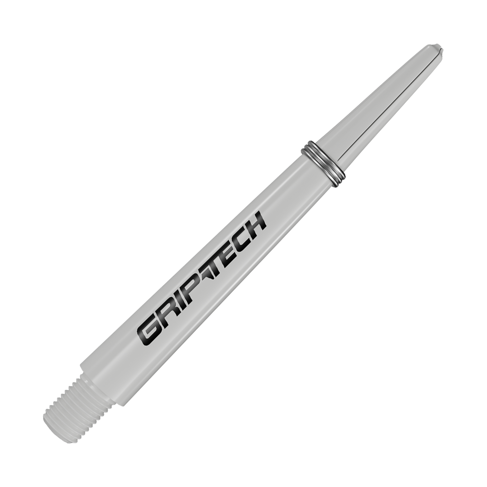 Das Bild zeigt einen weißen Dart-Schaft mit der Aufschrift "GRIPTECH". Er hat ein Gewinde am unteren Ende und einen Metallring in der Mitte.