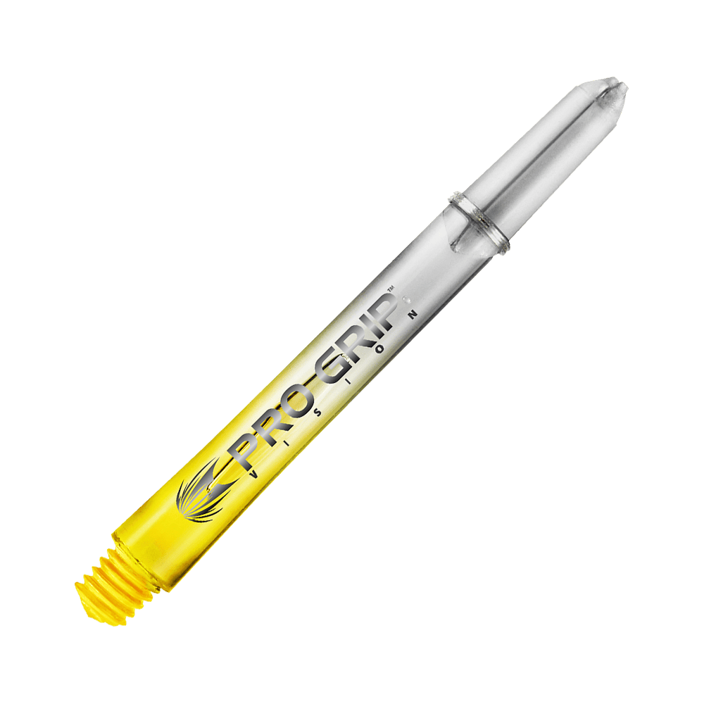 Das Bild zeigt einen durchsichtigen Dart-Schaft mit gelbem unteren Teil. Auf dem Schaft steht "PRO GRIP VISION" in schwarzer Schrift.