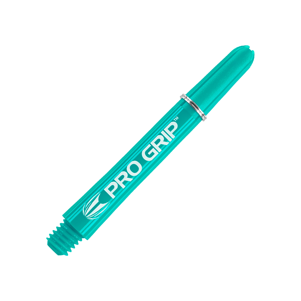 Das Bild zeigt einen aqua-blauen Pro Grip Schaft für Darts. Im Hintergrund sind mehrere gleiche Schäfte zu sehen, die ein Muster bilden.