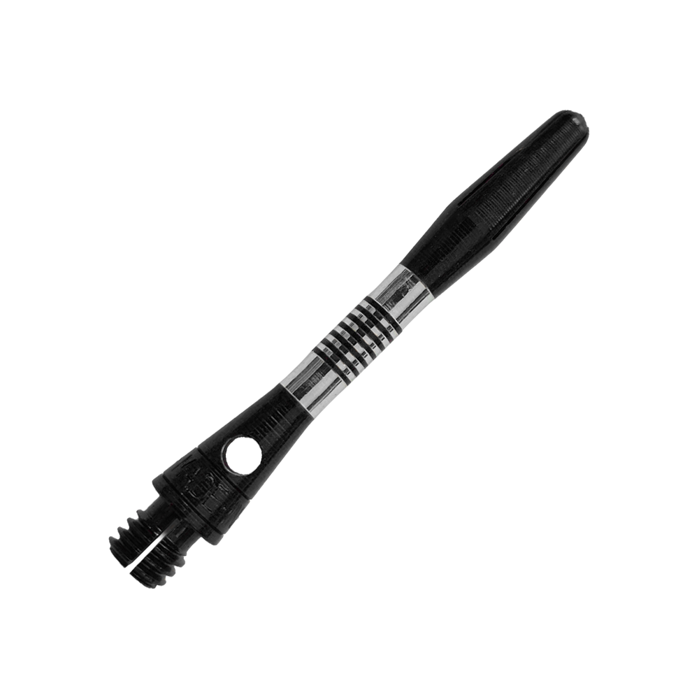 Schwarze Aluminium Dart Schäfte in 48mm Länge sind abgebildet. Das Produkt ist stabil und für Dartpfeile geeignet.