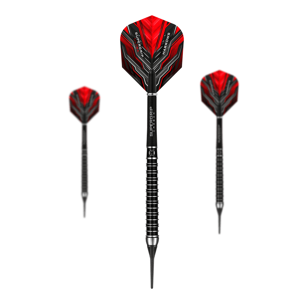 Harrows Supergrip Ultra Softdarts Das Bild zeigt drei Harrows Supergrip Ultra Softdarts mit roten Flights und schwarzem Schaft. Die Darts haben ein modernes, sportliches Design mit silbernen Ringen am Griff.
