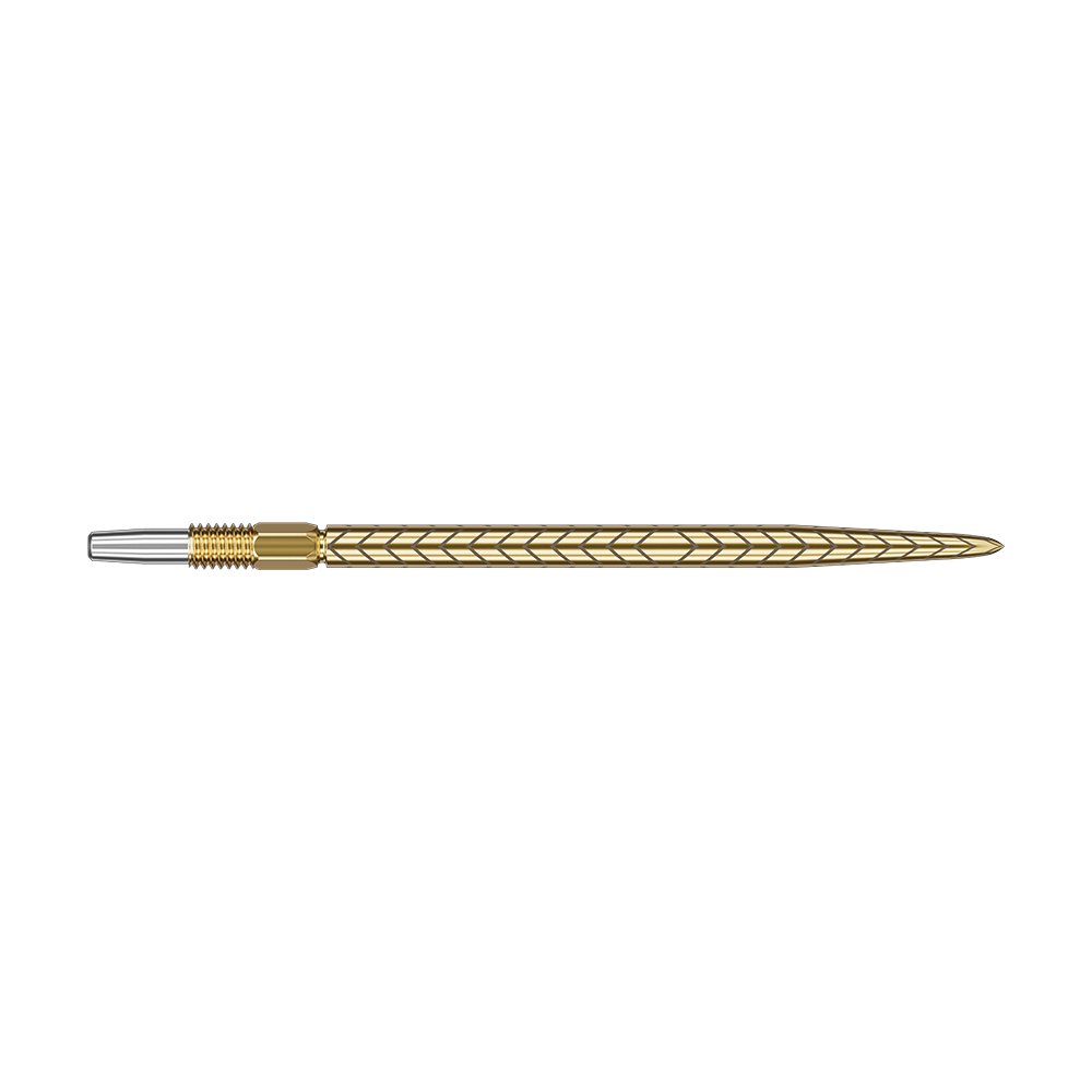 Das Bild zeigt eine goldfarbene Dartspitze mit einem feinen Muster. Die Spitze ist lang und hat am hinteren Ende einen silbernen Abschnitt.