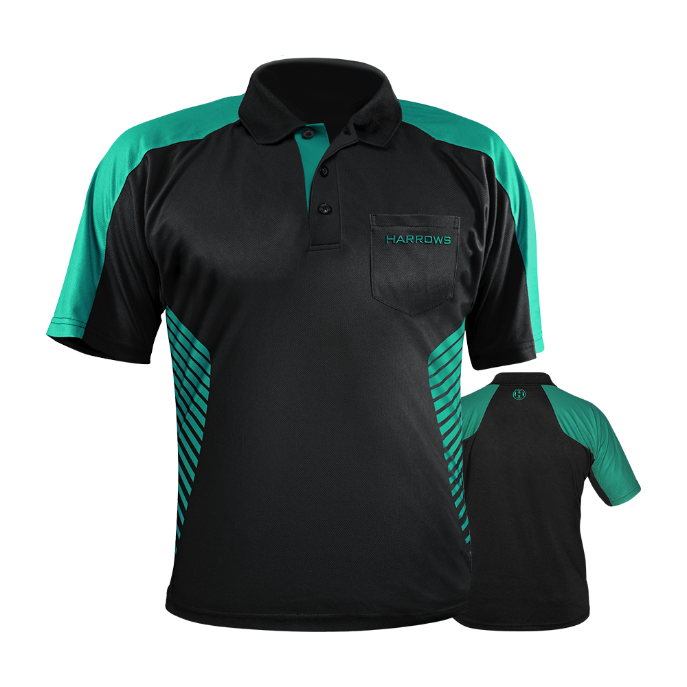 HRS-17577_Harrows_Vivid_Dartshirt_Black_Jade_0 Das Bild zeigt ein Harrows Vivid Dartshirt in Schwarz mit jadegrünen Akzenten. Auf der Vorderseite befindet sich eine Brusttasche mit dem aufgestickten „HARROWS“-Logo.