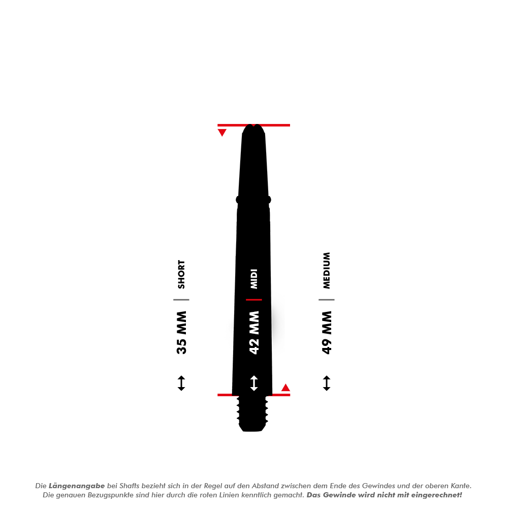 Das Bild zeigt die verschiedenen Längen eines Dart-Schafts, gemessen in Millimetern. Die Größen sind 35 mm (Short), 42 mm (Midi) und 49 mm (Medium), die roten Linien markieren die Messpunkte.