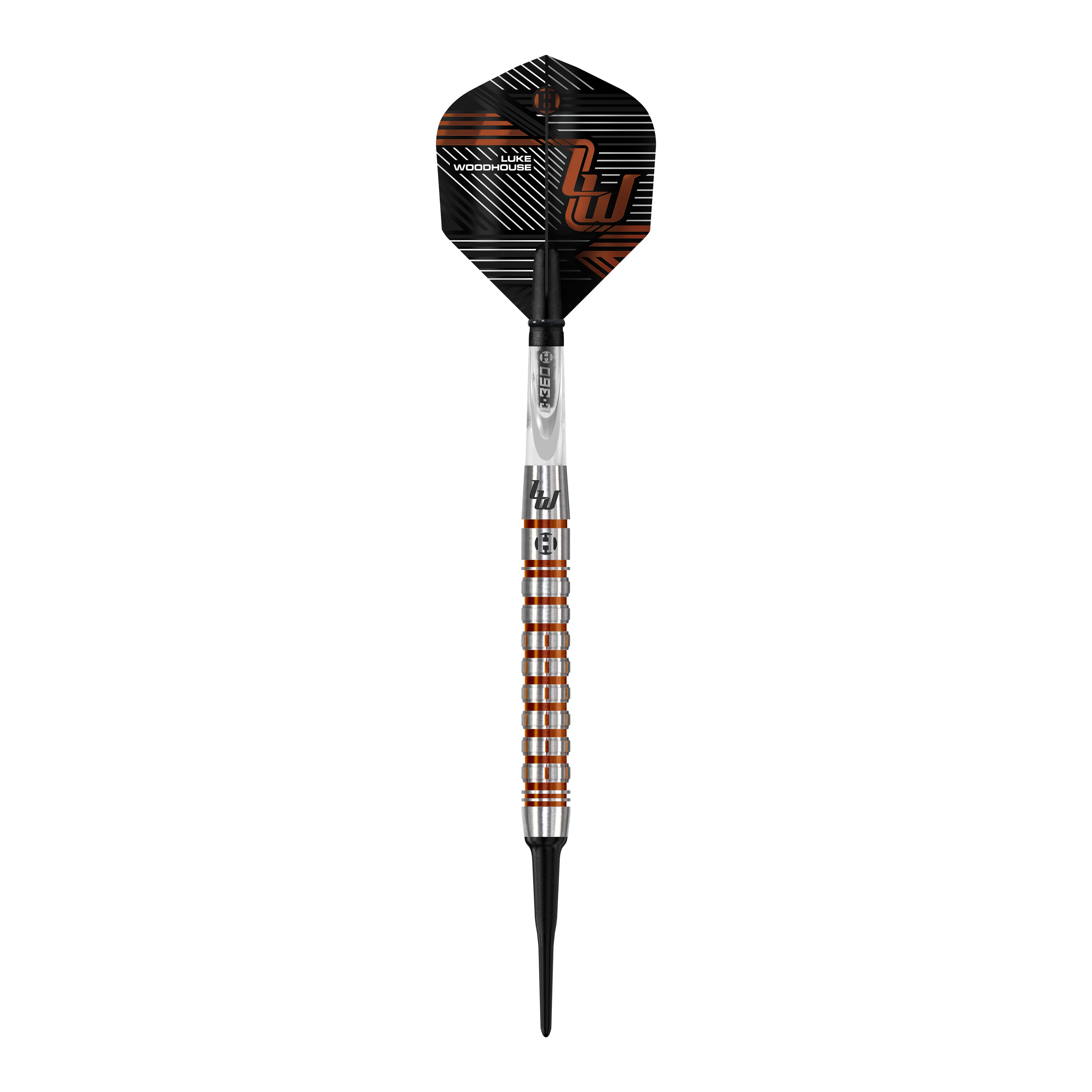 Harrows Luke Woodhouse Series 2 Softdarts - 18g Das Bild zeigt den Harrows Luke Woodhouse Series 2 Softdart mit einem Gewicht von 18g. Der Dartpfeil hat ein modernes, silber-orangenes Design mit schwarzen Akzenten.