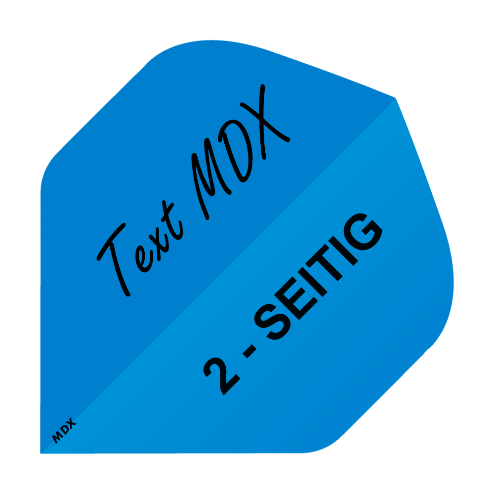 MD-406_2-Seitig_Bedruckte_Flights_Wunschtext_MDX_Blau_Standard_1 Das Bild zeigt ein blaues Quadrat mit der Aufschrift „Text MDX“ und „2-SEITIG“. Es handelt sich um das Produkt „10 Satz Bedruckte Flights 2-Seitig - Wunschtext - MDX Standard“.