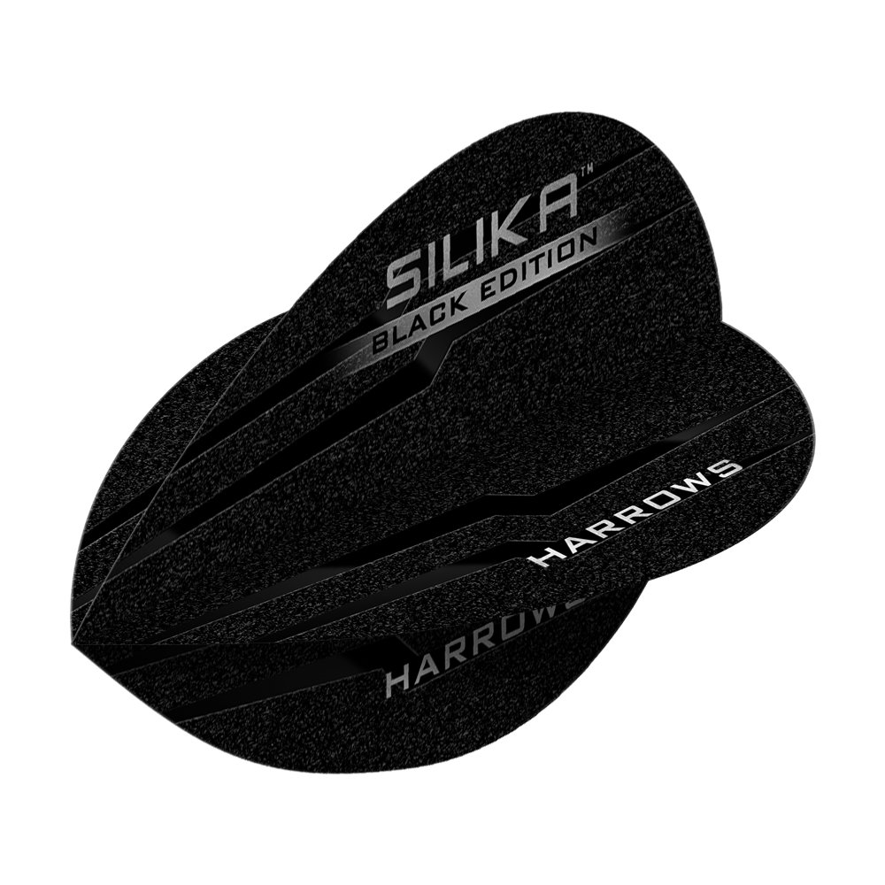 Harrows Silika Black-Edition Pear Flights Das Bild zeigt die "Harrows Silika Black-Edition Pear Flights" in schwarzem Design. Die Flugblätter sind mit silbernen Schriftzügen verziert.