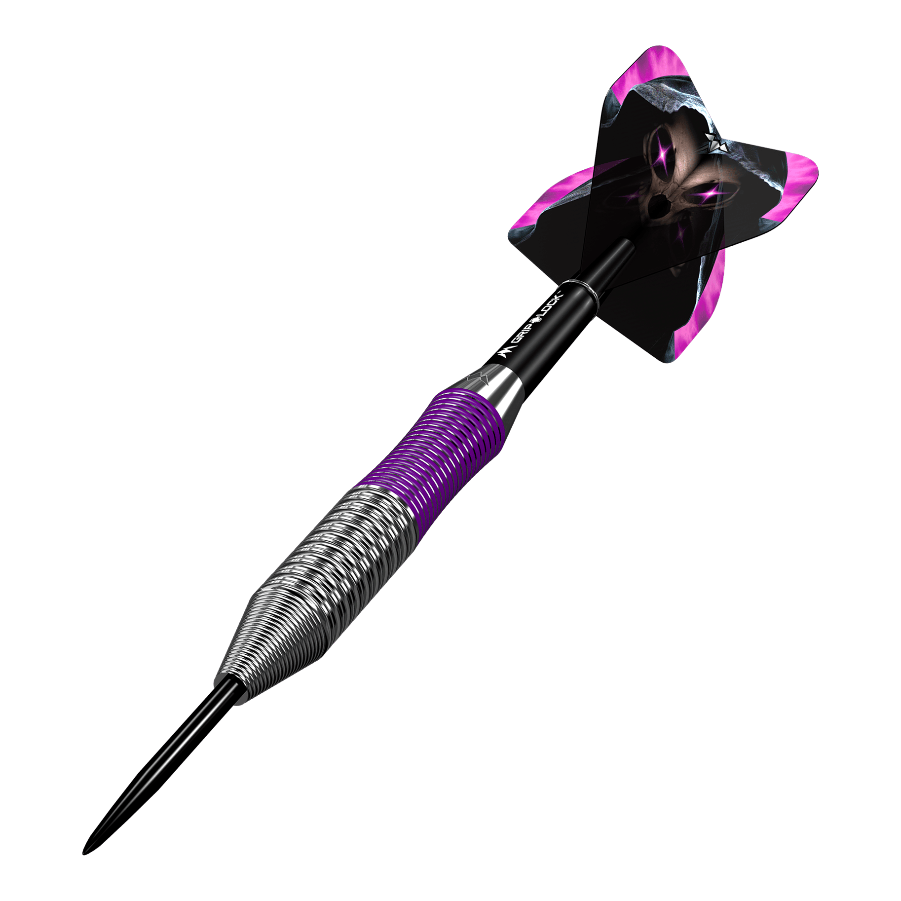 Mission Phantom Brass Steeldarts - 22g Dies ist ein Mission Phantom Brass Steeldart mit einem Gewicht von 22 Gramm. Der Dart hat ein metallisches Griffstück mit lila Akzenten und einen auffälligen Flight mit einem schwarzen und lila Design.