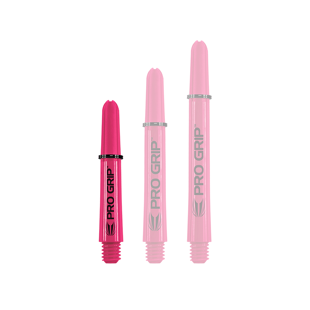Auf dem Bild sind drei pinkfarbene Pro Grip Shafts in unterschiedlichen Längen zu sehen. Sie stehen nebeneinander auf weißem Hintergrund.