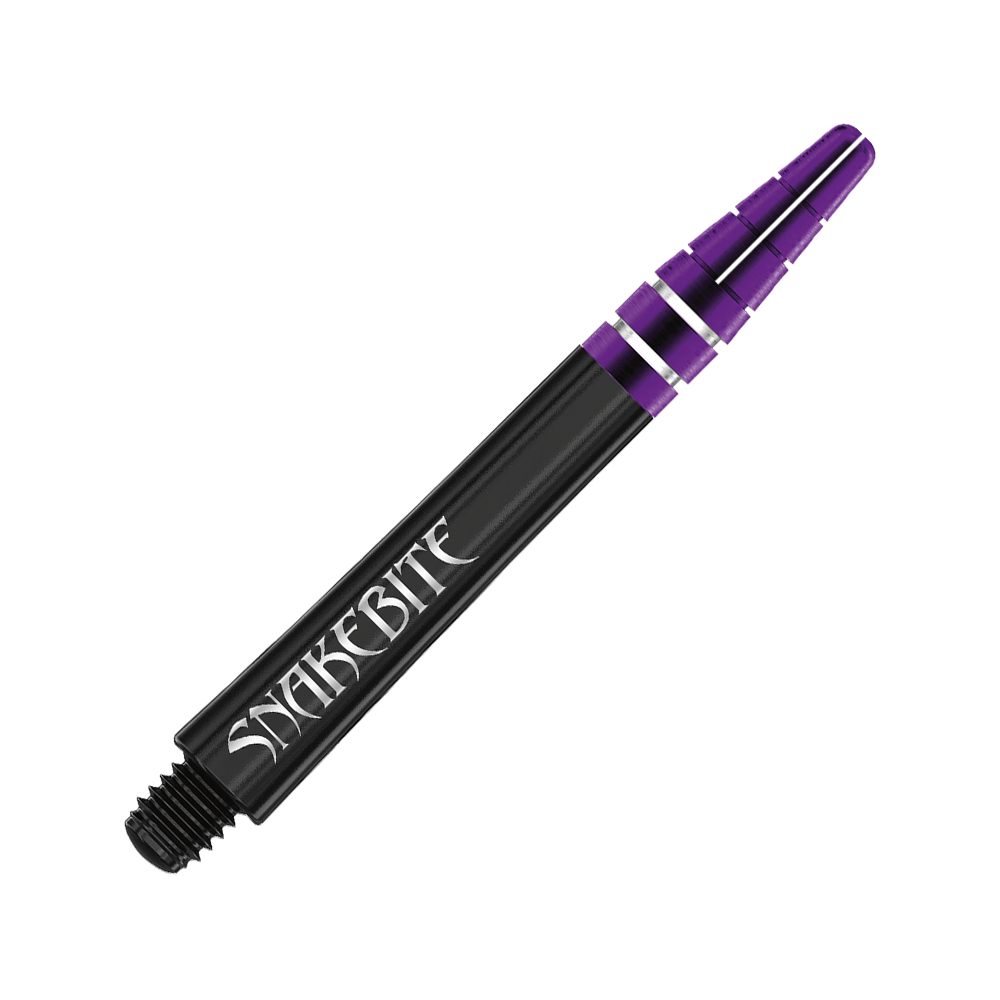 Das Bild zeigt einen schwarzen Dartshaft mit der Aufschrift "Snakebite". Die Spitze des Shafts ist lila mit zwei silbernen Ringen.