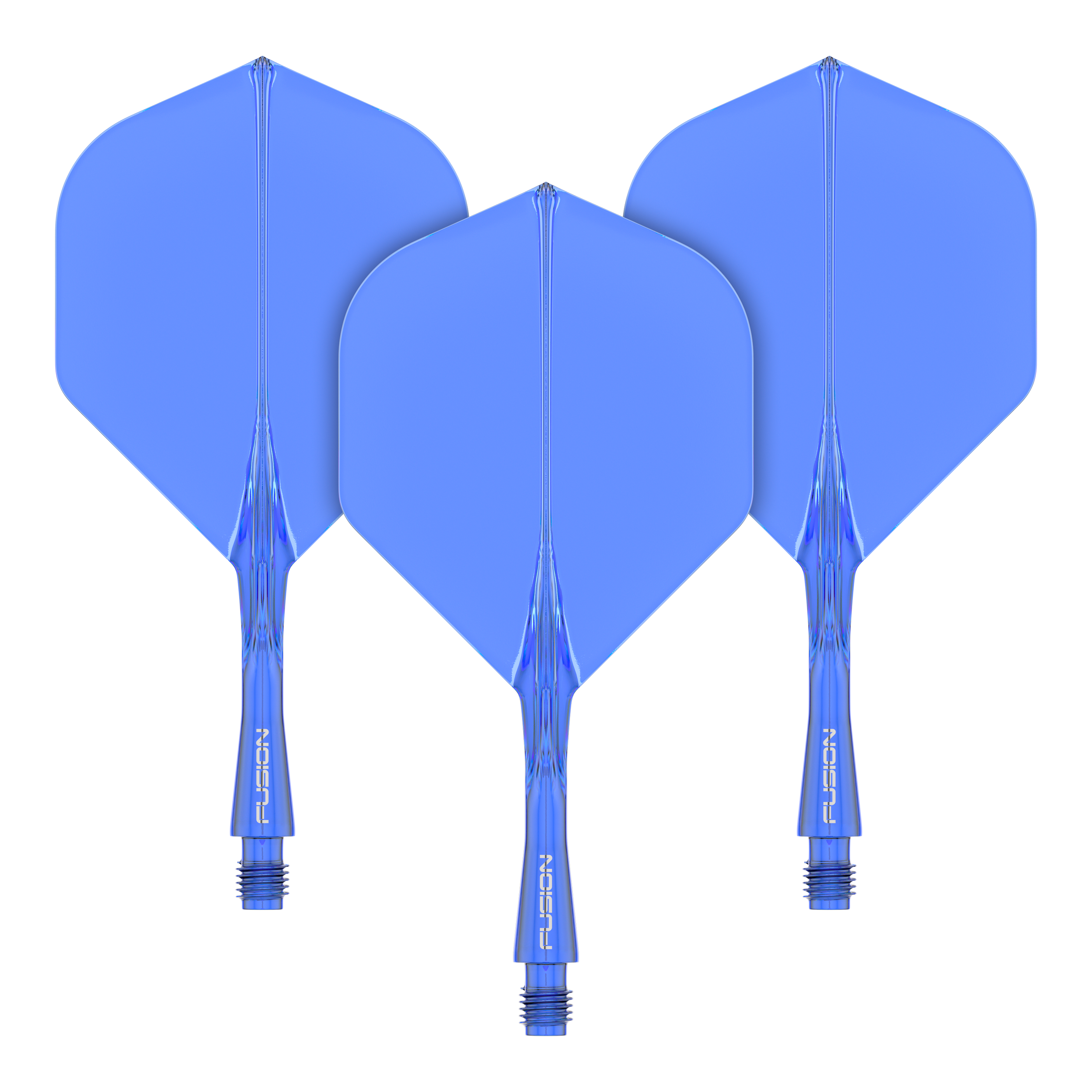 Das Bild zeigt drei blaue Dart-Flights mit Schäften des Winmau Fusion Flight Shaft Systems. Sie sind in einer Reihe angeordnet und jeder Schaft ist 22 mm lang.