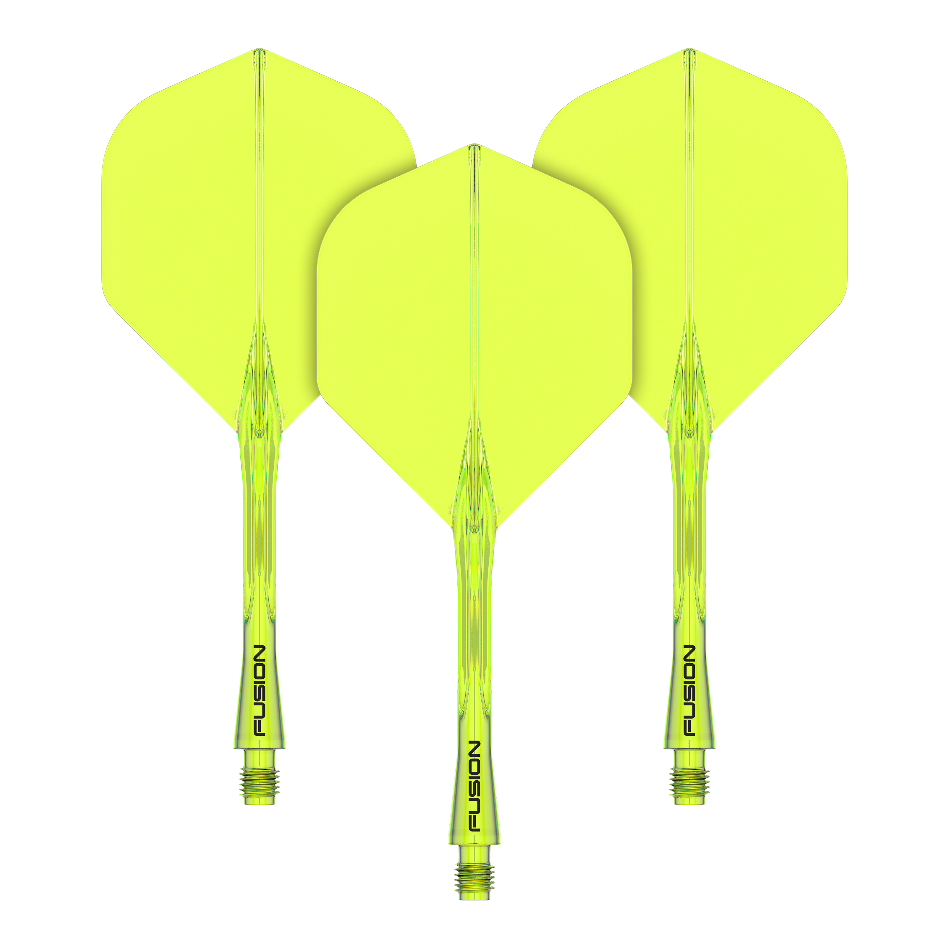 Das Bild zeigt drei gelbe Dart-Flights mit integriertem Schaft. Auf den Schäften steht das Wort "FUSION" geschrieben.