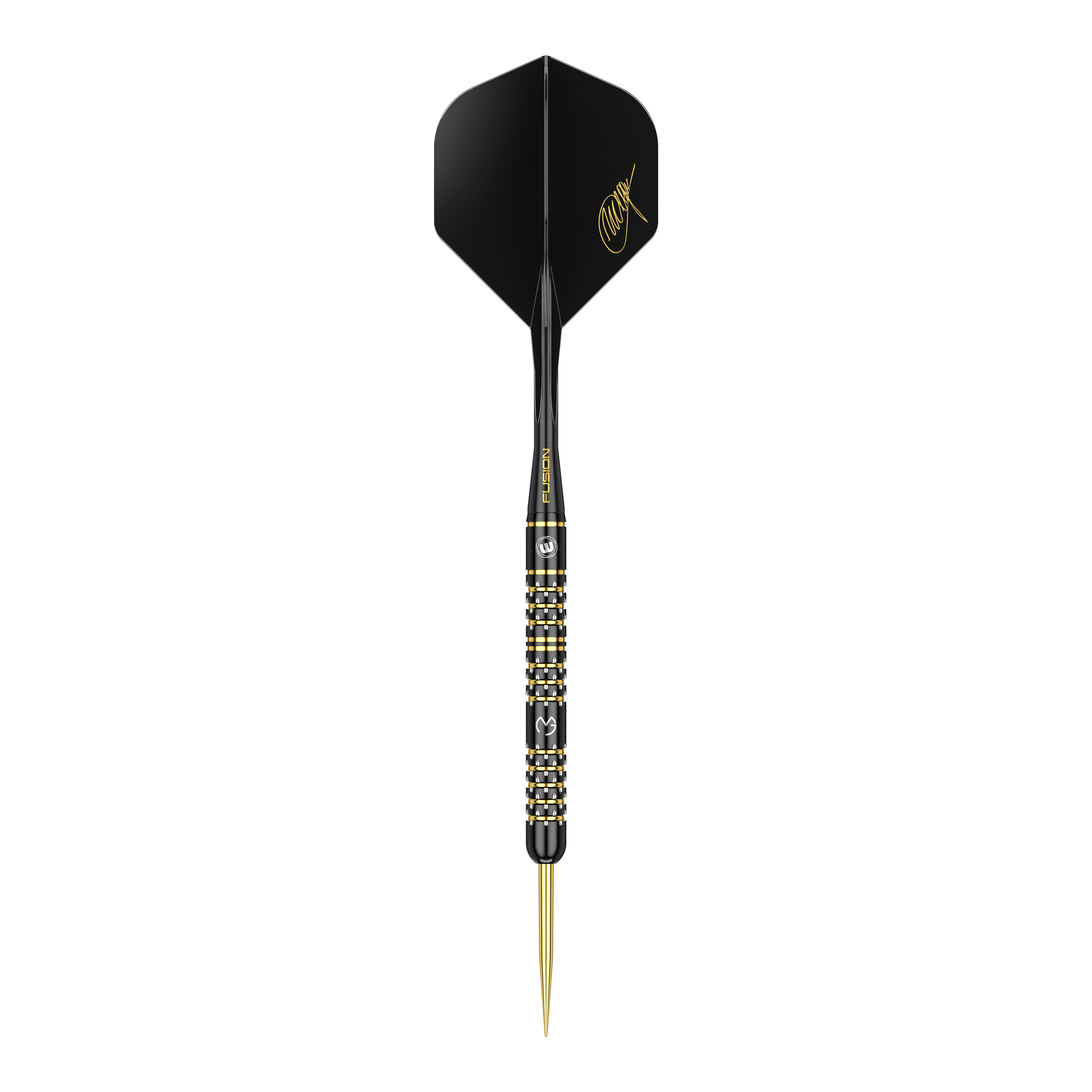 Dies ist ein Winmau Michael Van Gerwen 5-Year-Anniversary Limited Edition Steeldart mit einem Gewicht von 22,5g. Der Dartpfeil ist schwarz-gold gestaltet und trägt eine goldene Unterschrift auf dem Flight.