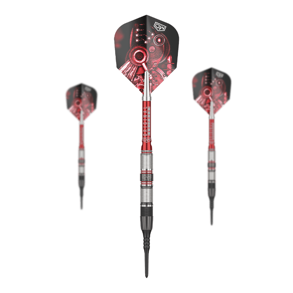 DW Piranha Razor 02 Softdarts Das Bild zeigt drei Softdarts des Produkts „DW Piranha Razor 02“. Die Darts haben ein schwarzes und rotes Design mit metallischen Elementen.