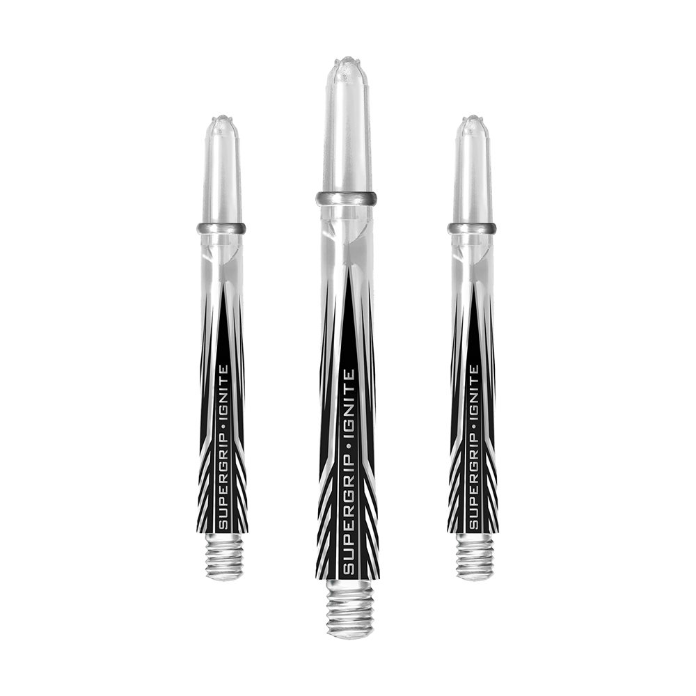 Das Bild zeigt drei klare Harrows Supergrip Ignite Shafts für Darts. Die Shafts haben ein modernes, transparentes Design mit schwarzer Beschriftung.