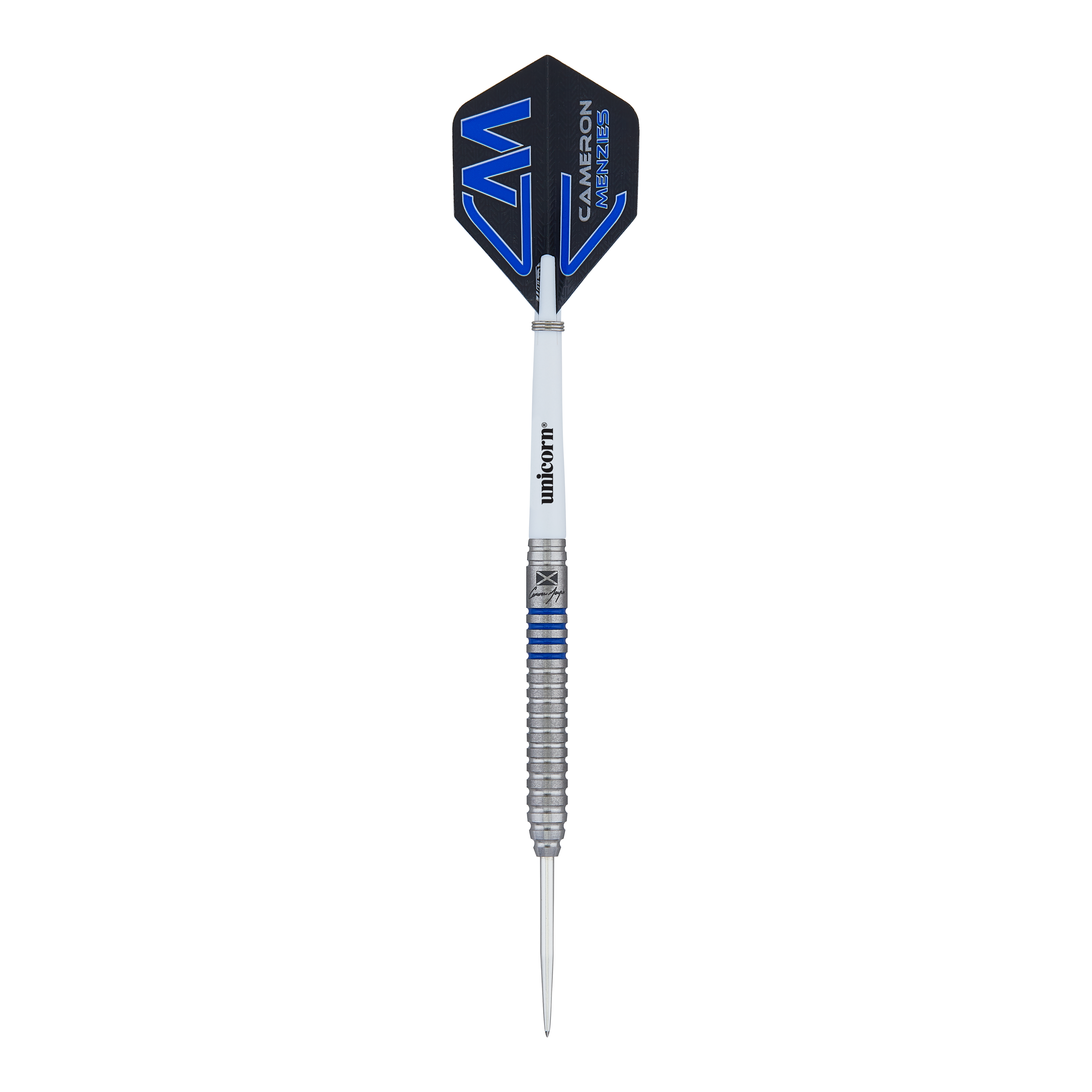 Unicorn Contender Cameron Menzies Steeldarts - 23g Das Bild zeigt einen Unicorn Contender Cameron Menzies Steeldart mit einem Gewicht von 23 Gramm. Der Dart hat ein silbernes Barrel mit blauen Akzenten und einem schwarzen Flights mit blauem Design.