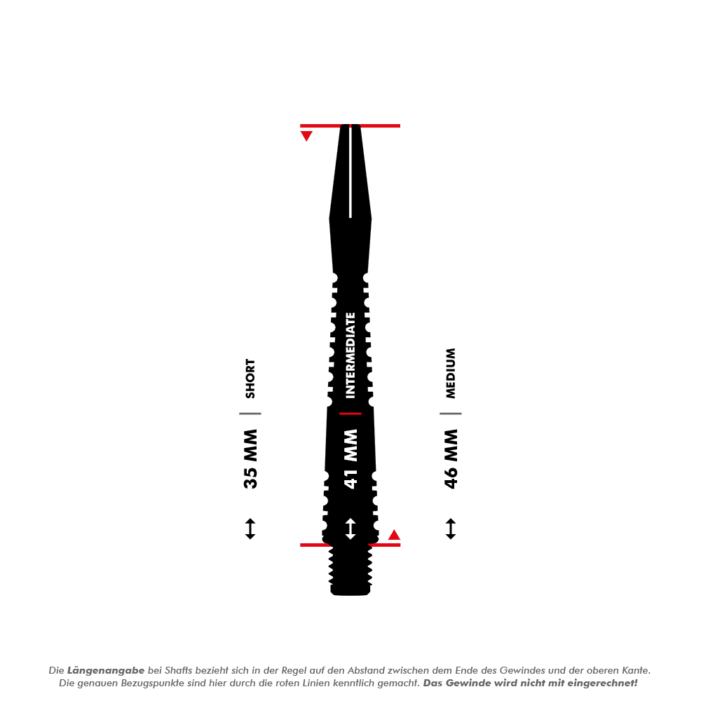 Winmau Triad RX Aluminium Shafts - Schwarz Das Bild zeigt ein schwarzes Dart-Shaft mit einer Messskala in Millimetern. Es vergleicht die Längen 35 mm (Short), 41 mm (Intermediate) und 46 mm (Medium) und markiert die Messpunkte mit roten Linien.