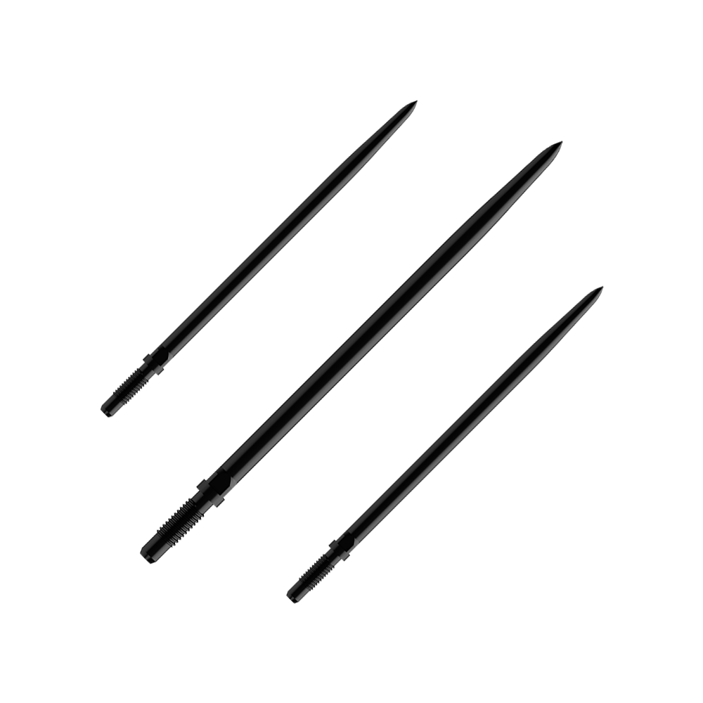 Das Bild zeigt ein Set glatter, schwarzer Dartspitzen mit 44mm Länge. Mehrere Spitzen sind auf einmal zu sehen.
