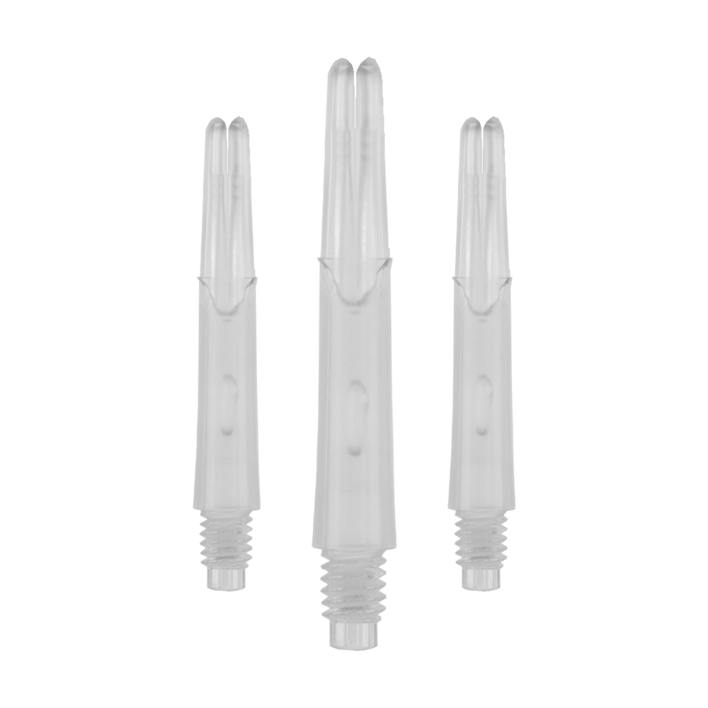L-Style L-Shafts Locked Straight - Clear 190 Auf dem Bild sind drei transparente, gerade Dartschäfte aus Kunststoff zu sehen. Sie haben ein Gewinde am unteren Ende und sind ohne Kappen abgebildet.
