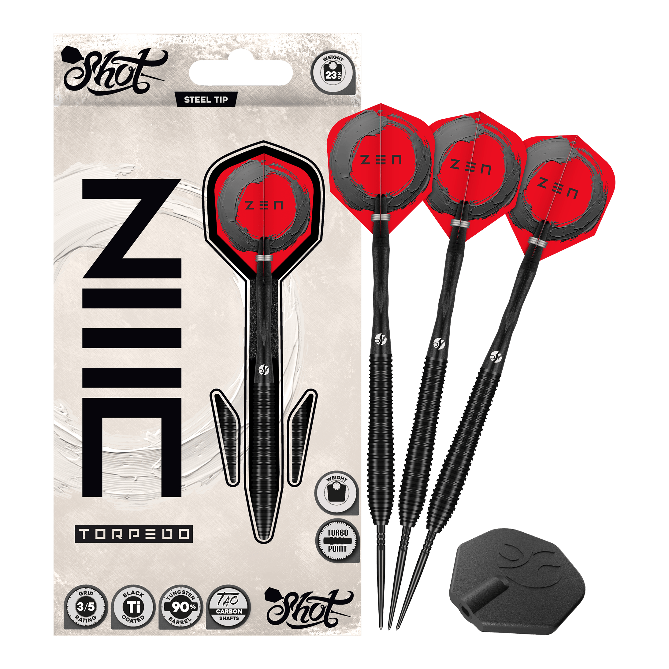 Shot ZEN Torpedo Turbo Point Steeldarts - 23g Auf diesem Bild sieht man die Shot ZEN Torpedo Turbo Point Steeldarts mit 23g komplett. Das Design betont ihre hochwertige Verarbeitung.