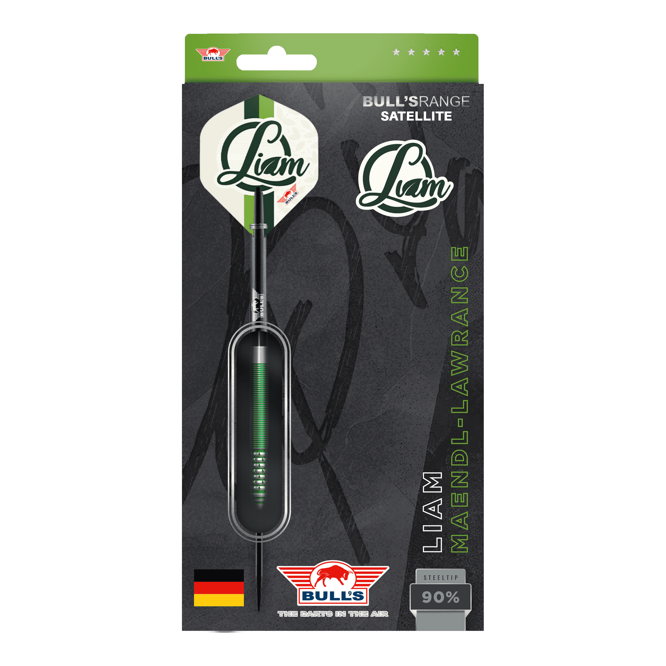 Bulls NL Liam Maendl Lawrance Steeldarts - 23g Das Bild zeigt die Verpackung der Bulls NL Liam Maendl Lawrance Steeldarts mit einem Gewicht von 23g. Das Design ist überwiegend schwarz und grün mit dem Namen „Liam“ und einer deutschen Flagge unten links.