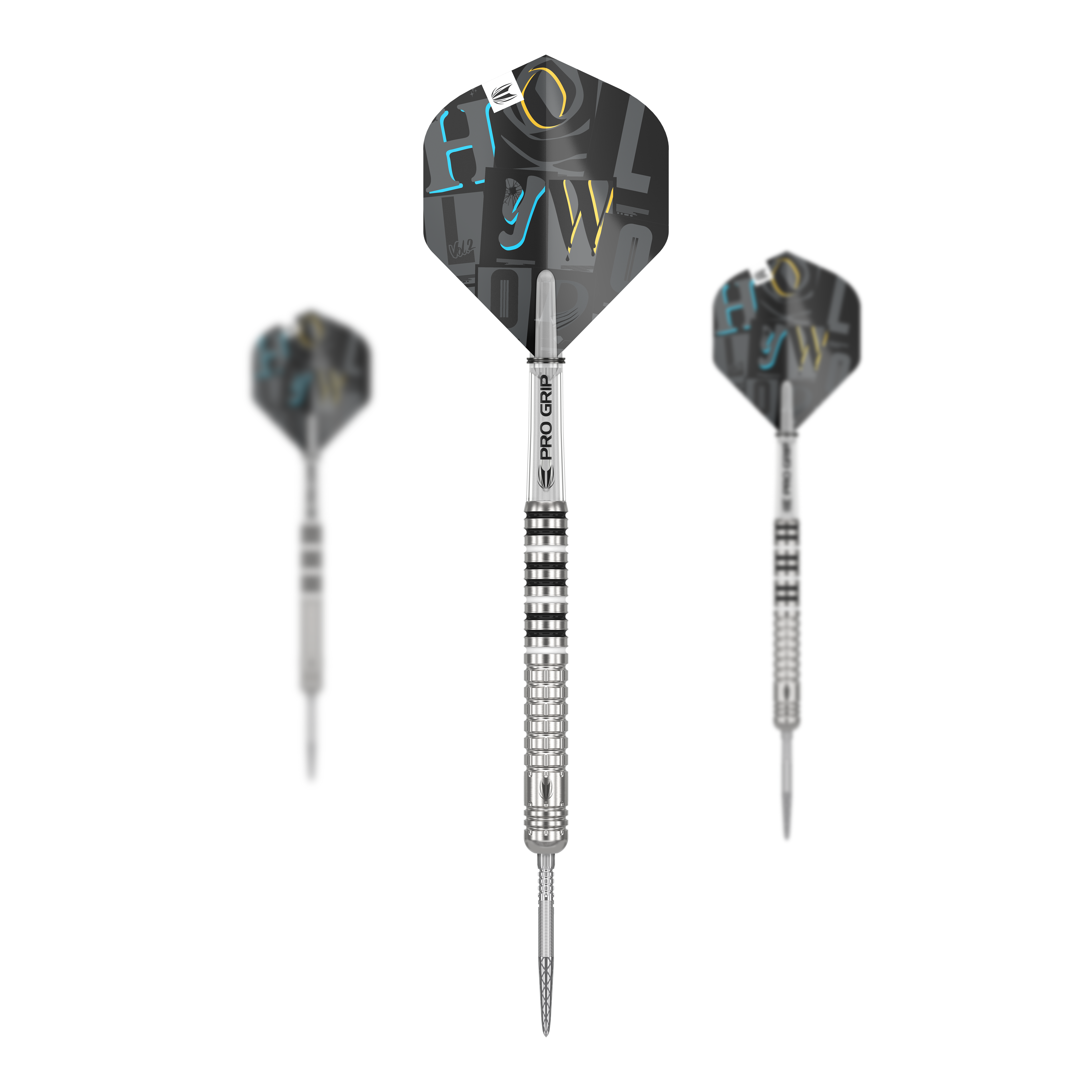 Target Chris Dobey GEN1 Swiss Point Steeldarts Das Bild zeigt drei Steeldarts des Modells "Target Chris Dobey GEN1 Swiss Point". Die Darts haben silberne, gerillte Barrels und schwarze Flights mit bunten Buchstaben.