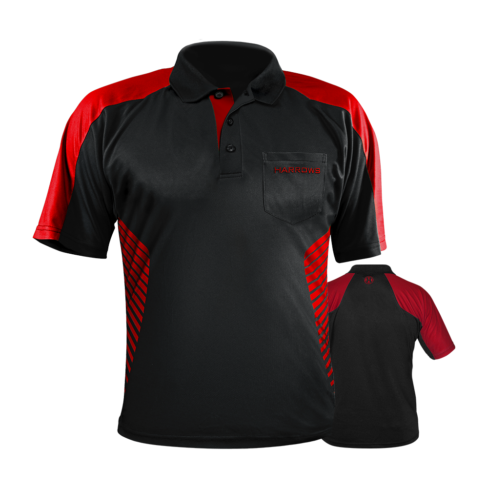 HRS-17416_Harrows_Vivid_Dartshirt_Black_Red_0 Das Bild zeigt das Harrows Vivid Dartshirt in Schwarz mit feuerroten Akzenten. Das Shirt hat einen Kragen, eine Brusttasche und auffällige rote Streifen an den Seiten.